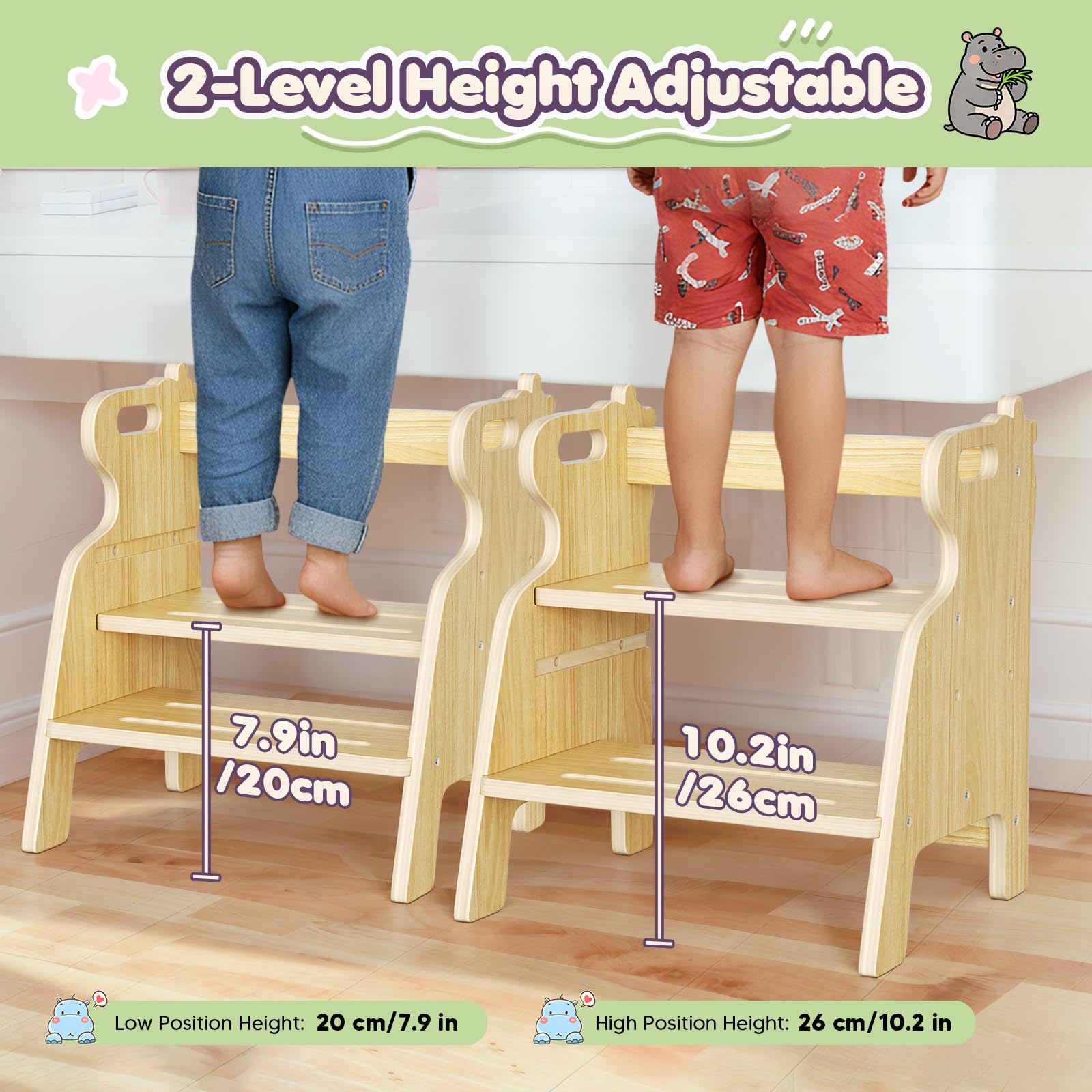 Tabouret pour Enfants à Deux Marches réglable en Bois avec Patins antidérapants