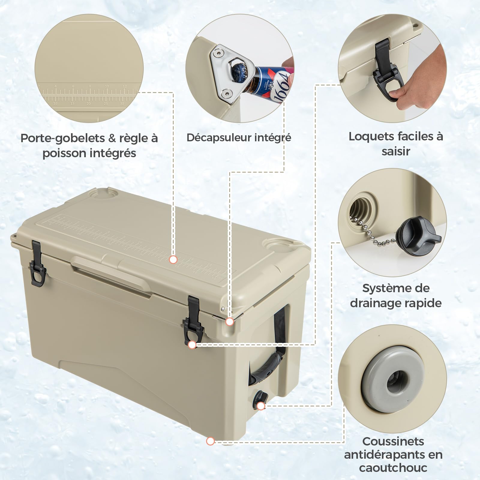 GYMAX Glacière Rigide Extérieure 47 L, Glacière Portative Isolée Rotomoulée, avec Porte-gobelets, Règle, Décapsuleur, Poignées, Tenir au Froid pour 5 à 7 Jours, pour Camping, Pique-Nique, Pêche