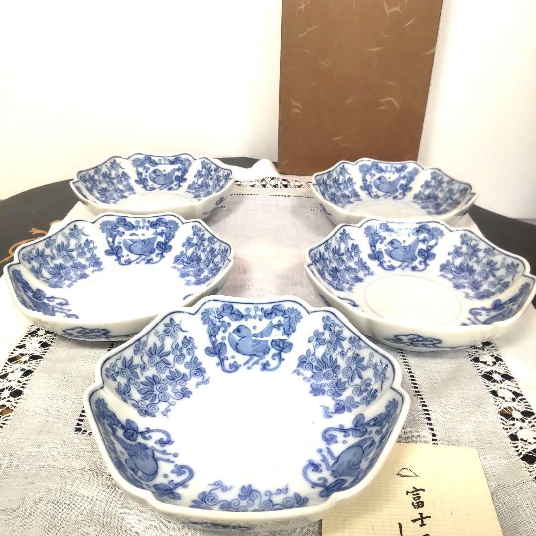 お値下【新品】深川製磁　花鳥唐草　取分皿5枚　 & 小皿揃5枚　元箱入 深川製磁 花鳥唐草 取り皿揃 5枚セット 六角皿 小鉢 銘々皿 深皿