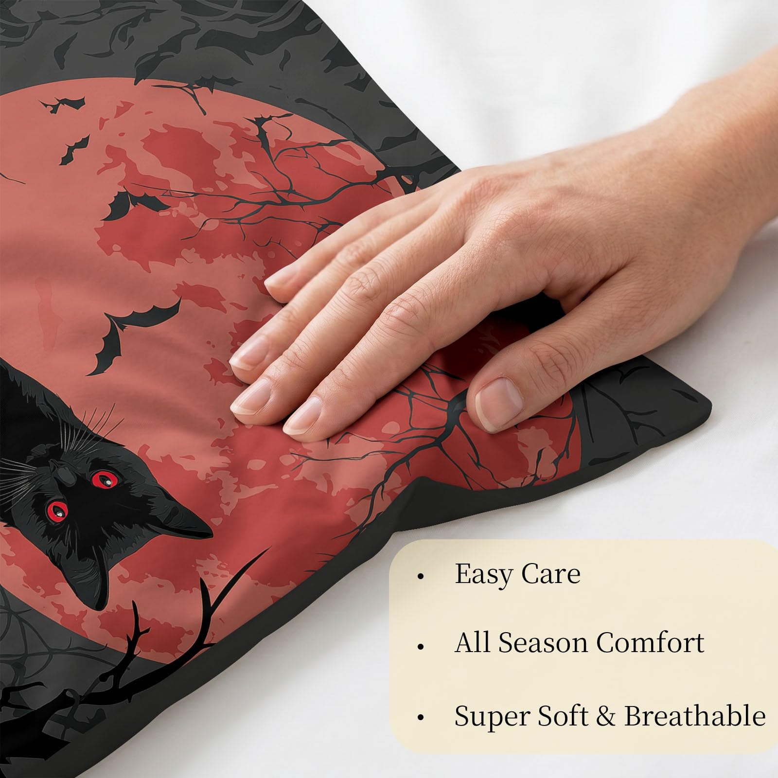 Juego de funda de edredón y funda de almohada de Halloween con diseño gótico rosa, calavera de gato negro, luna roja, ropa de cama de microfibra suave, 260 x 220 cm, reversible, hipoalergénica, para