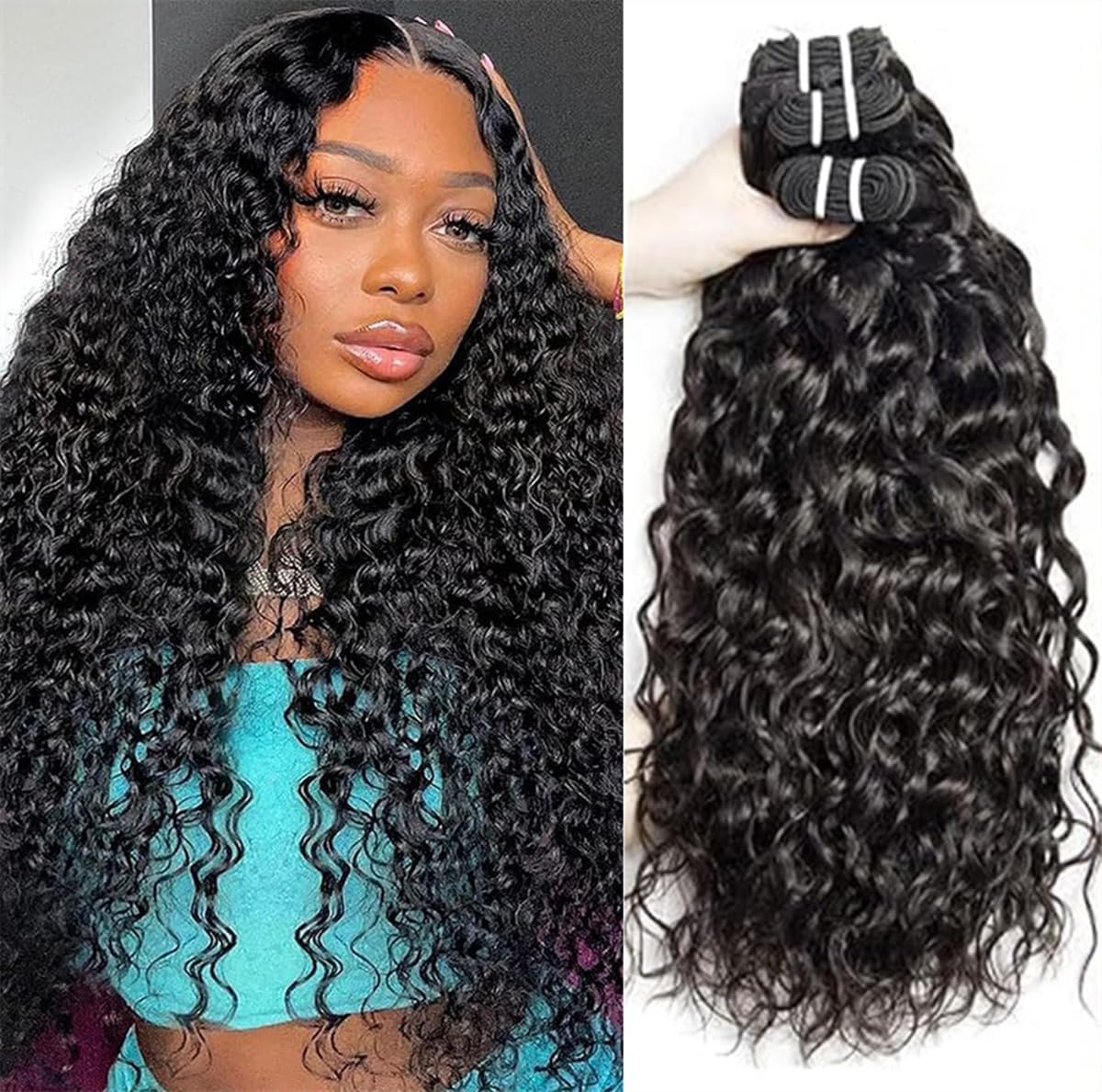 Ladiaryf Water Wave Bundles Human Hair Soft Brazilian Virgin Human Hair 100% Unprocessed Wet and Wavy Curly Bundles Natural Black Color Can Be Dyed