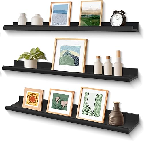 Annecy Juego de 3 estantes flotantes para montar en la pared, estantes de madera de nogal oscuro de 16 pulgadas para pared, estantes de pared con