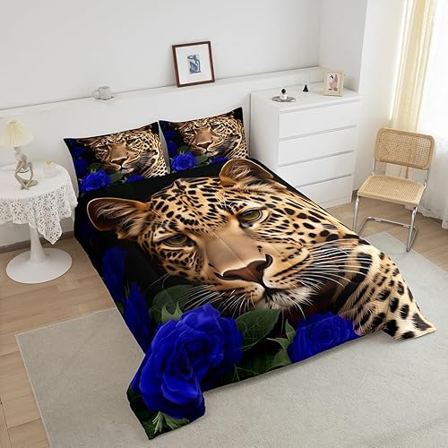 Miniatura 2 de Erosebridal Juego de ropa de cama de guepardo con rosa azul, juego de edredón con estampado de leopardo y gato, edredón romántico de plumón con
