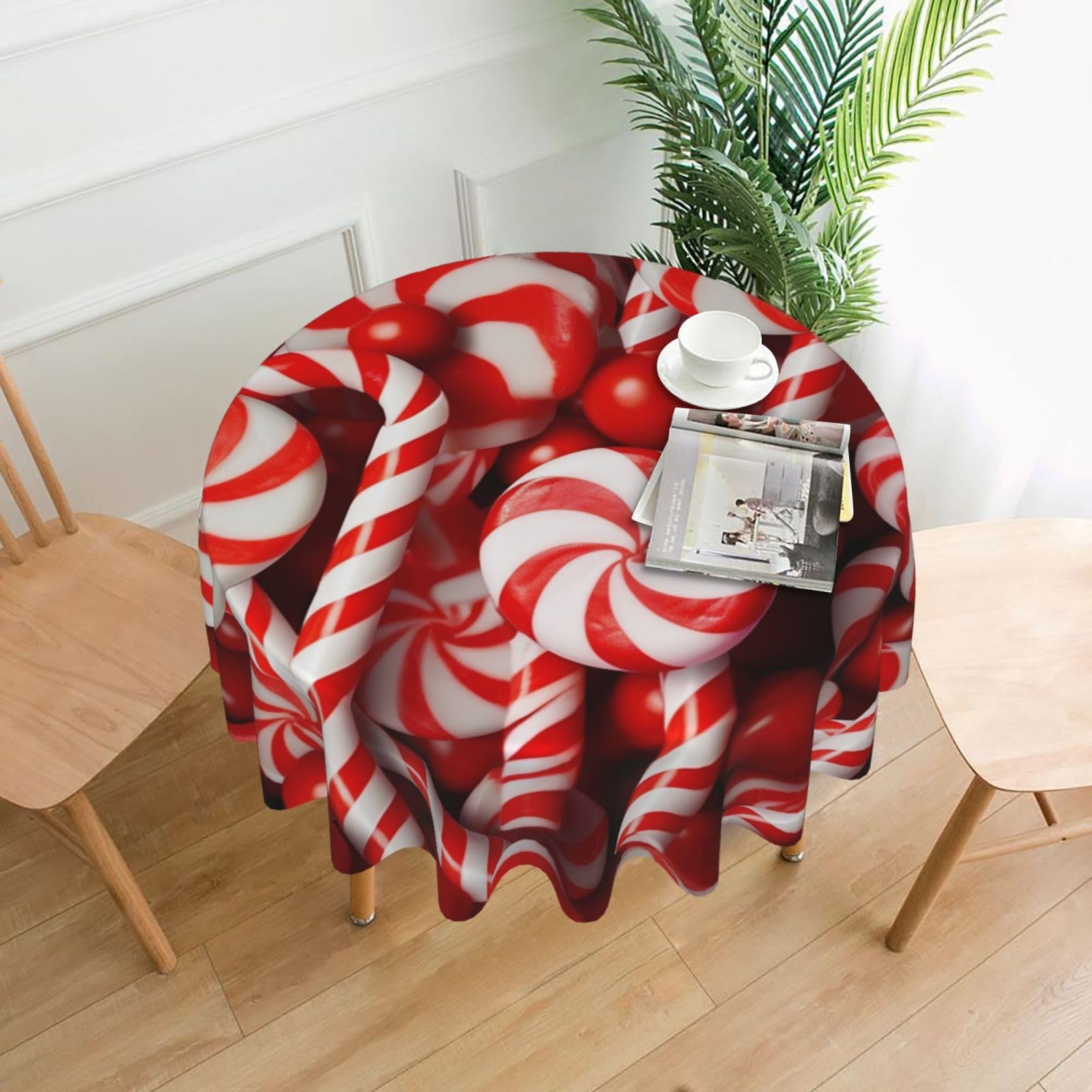 FodPand Candy Canes Tablecloths for Round Tables 60 Inch - Reusable Washable Dining Table Clothes - Stain and Wrinkle Resistant Decorative Fabric Table Cover for Wedding Party