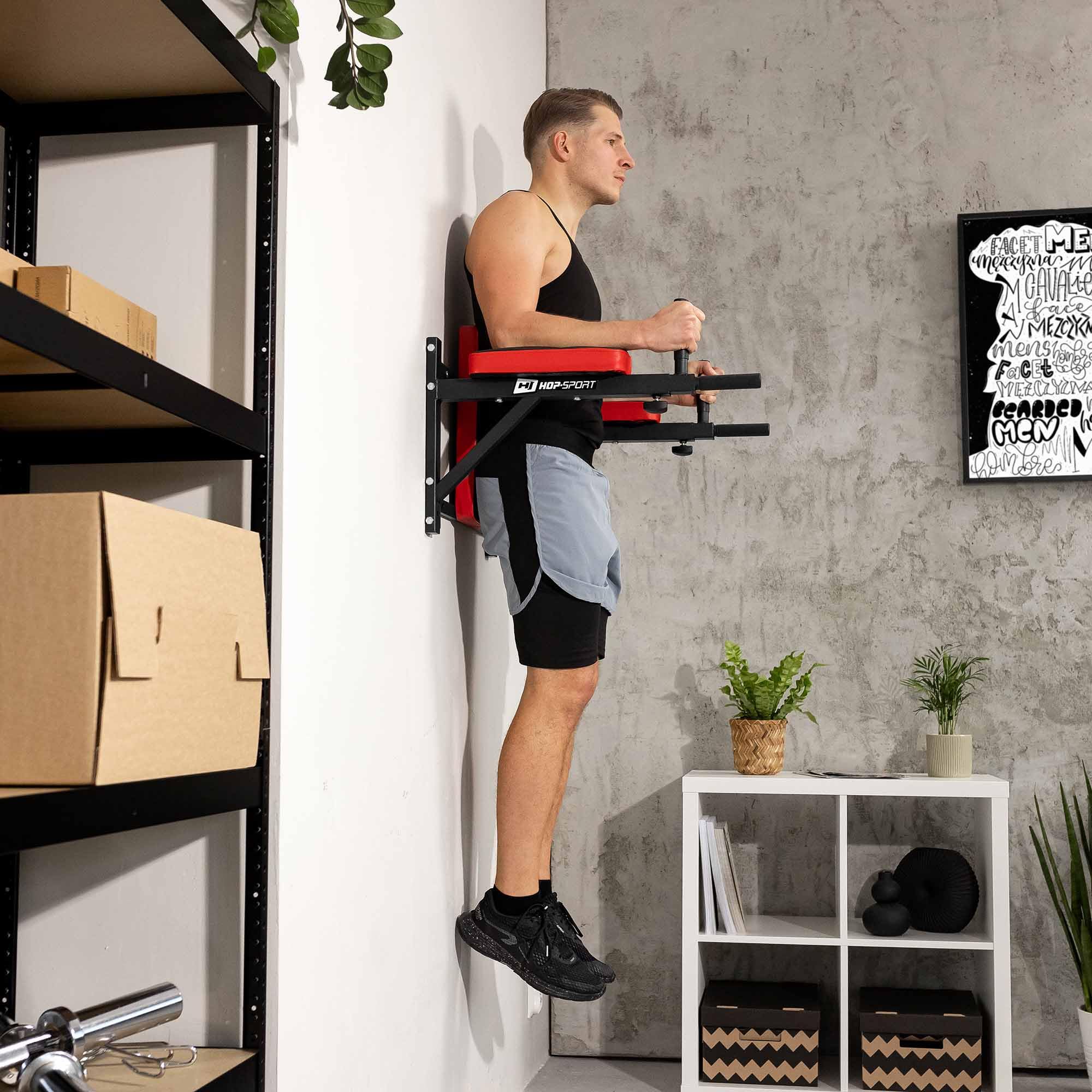 Station de sauce et d'exercice Hop-Sport avec poignées en caoutchouc, dossier rembourré, idéal pour soulever les jambes, l'entraînement abdominal, bras et triceps
