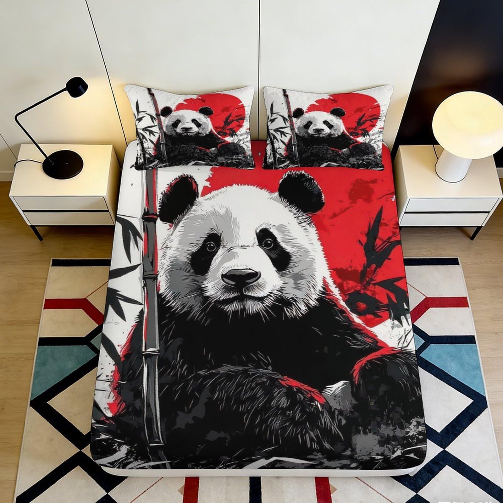 3D Printed Panda Bamboo Fitted Sheet Microfiber Soft Red Black Mattress Cover for Bedroom Guest Room Decor 90x200x25cm