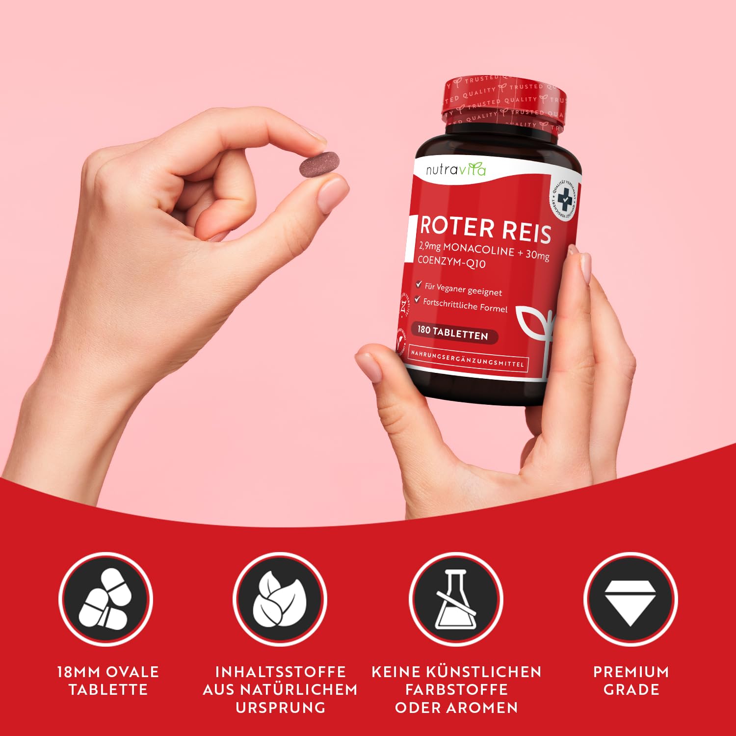 Fermentierter Roter Reis 617mg - 180 Vegane Tabletten - Cholesterin Senken - Hochdosiert mit 2,9 mg Monacolin K und 30 mg CoQ10 pro Tablette - Laborgeprüft - Roter Reis Kapseln Alternative - Nutravita