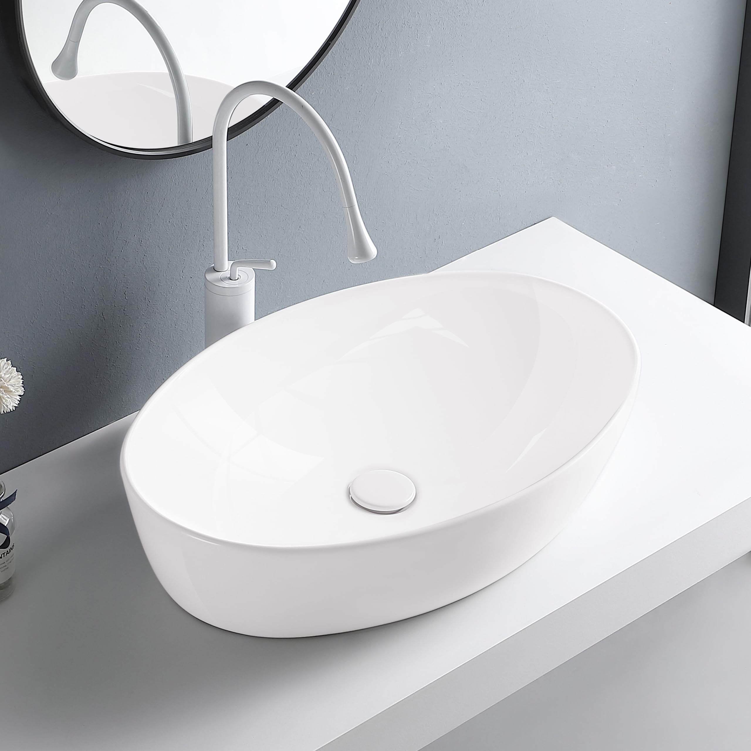 Aquauno Lili Lavabo Ovalado Cerámica Blanca 62x42 cm sin Orificio Grifo Rebosadero