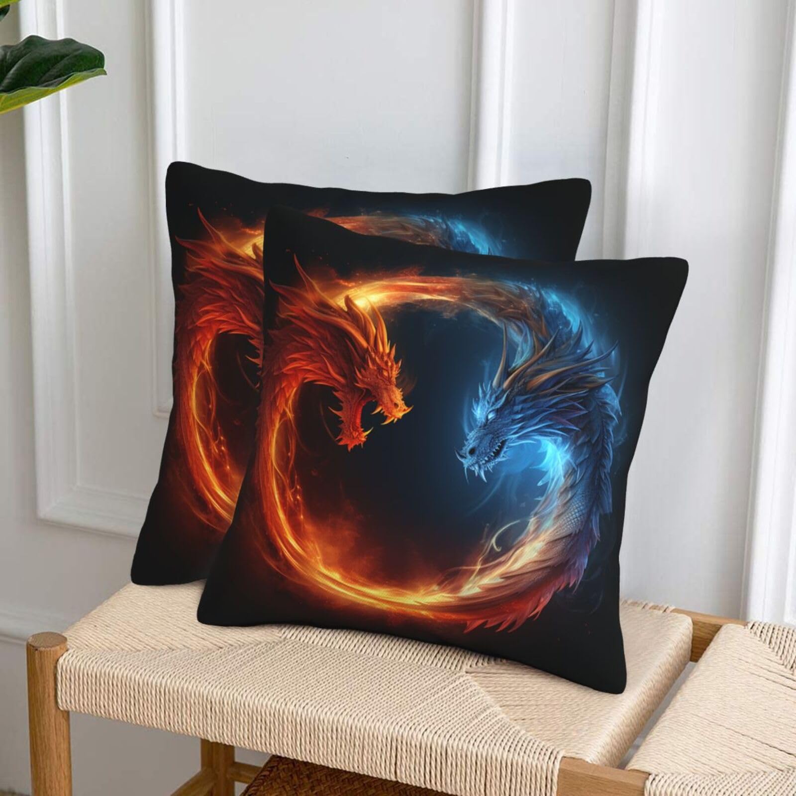 NONHAI Decorative Throw Pillow Covers Set of 2, 20"x20" Square Cushion Case Soft Comfy Fire and ice Dragons Throw Pillows for Couch Cushion Livingroom Farmhouse Home Decor Pillowcases
