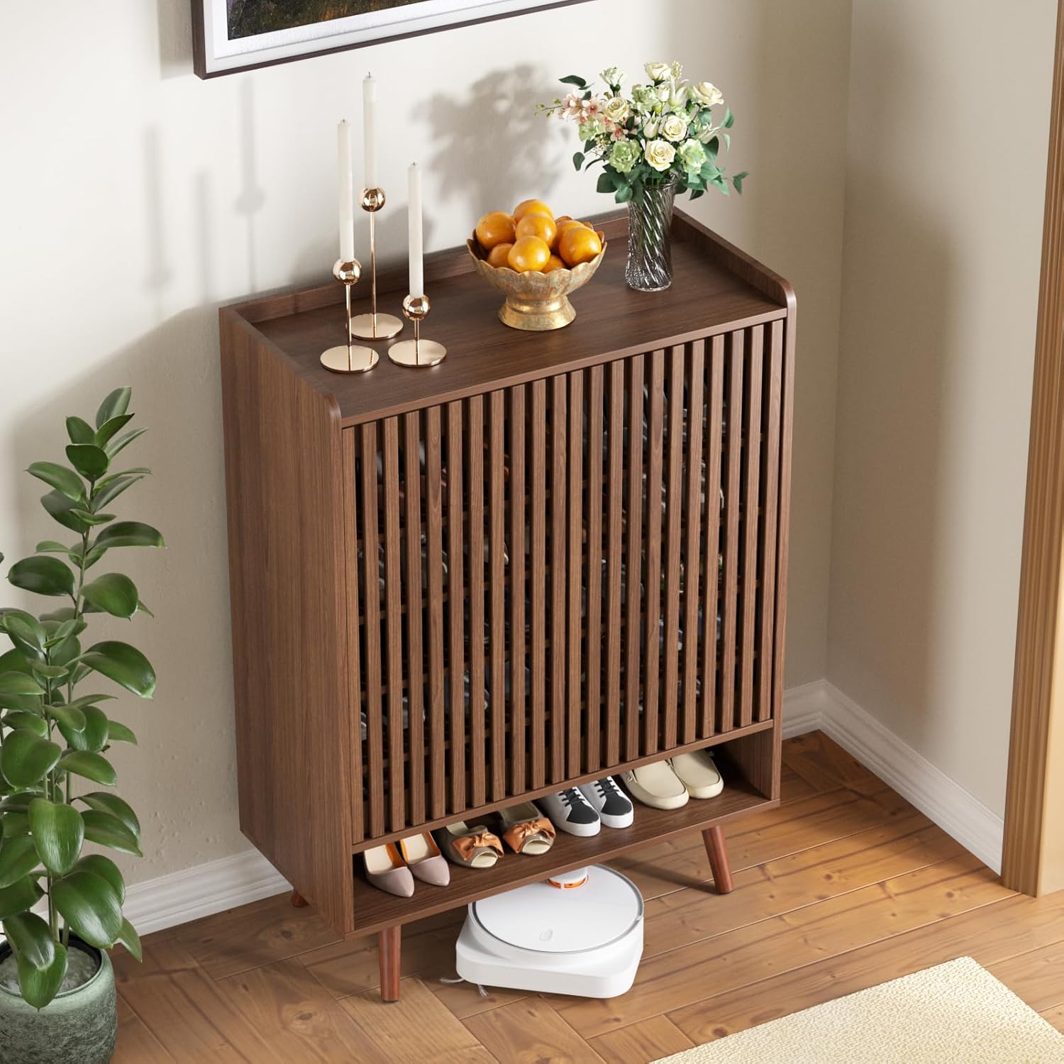 FiveWillowise Large Shoe Storage Cabinet with Adjustable Shelves, 6-Tier Wooden Shoe Rack Organizer with Grille Doors for Entryway, Hallway, Closet, Bedroom, Living Room, Walnut