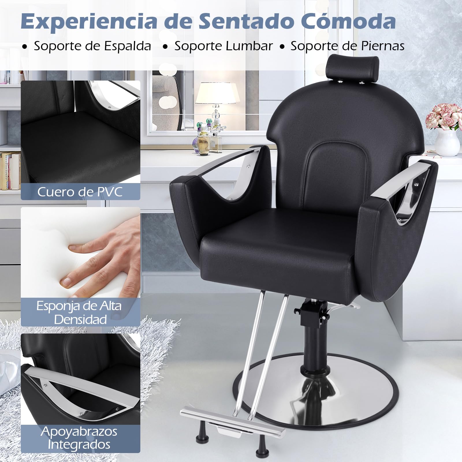 GOPLUS Silla de Peluquería, Silla Giratoria 360° con Respaldo para Peluquero, Altura y Reposacabezas Ajustables, Silla Reclinable con Bomba Hidráulica, Equipo de Barbero Tatuaje Belleza SPA (Negro)