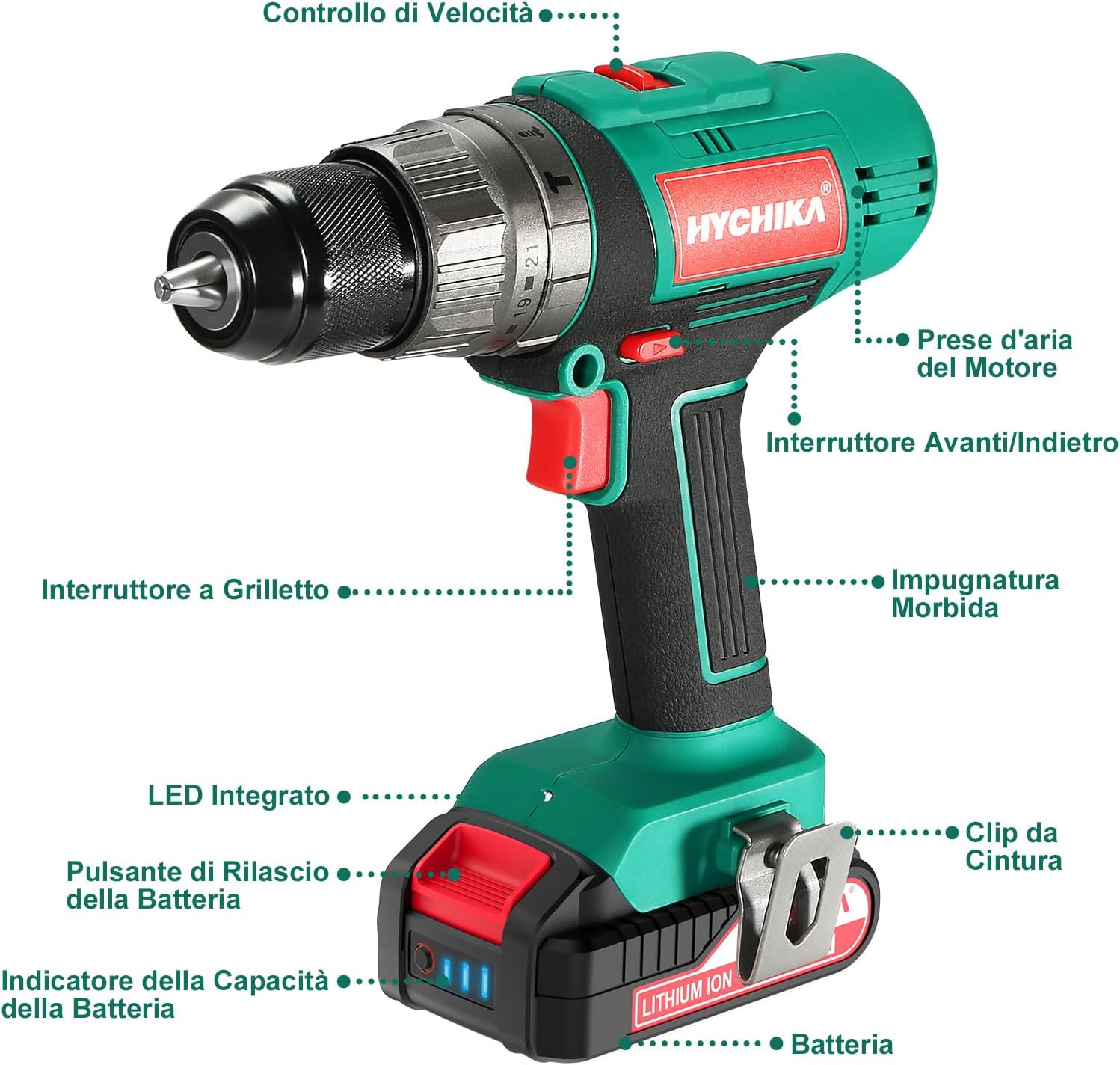 HYCHIKA Trapano Avvitatore Batteria 18V, Trapano a percussione 45 Nm, Batteria 2,0 Ah, 27 accessori, Ricarica rapida 1 ora, Coppia 21+3, 2 velocità, con illuminazione LED, per riparazioni domestiche - Immagine 2