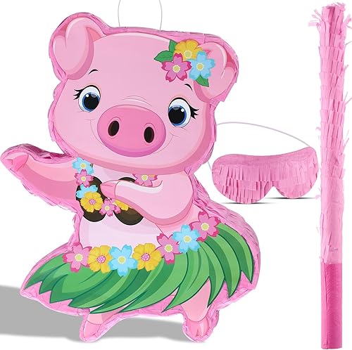 Threan Piñata de cerdo pequeño, Aloha Luau, decoraciones de fiesta, piñata de cerdo rosa con palo para los ojos vendados, suministros de fiesta de
