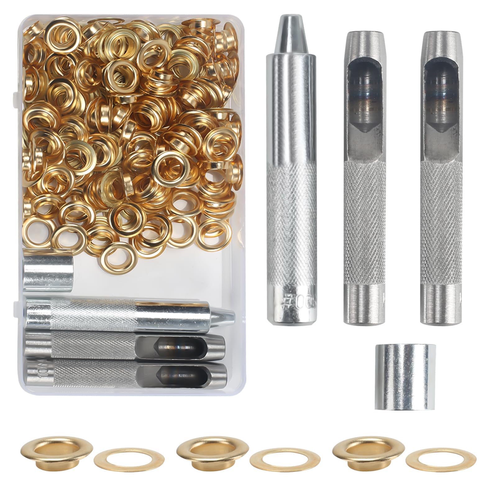 KJLEEN 140 Sets 10mm Grommet Tool Kit Gold Eyelet Punch Kit, Brass Grommets Eyelets Set, Metal Eyelet Kit with Punch Tools for Fabric Canvas Curtains Awnings Leather Clothing Craft（Gold