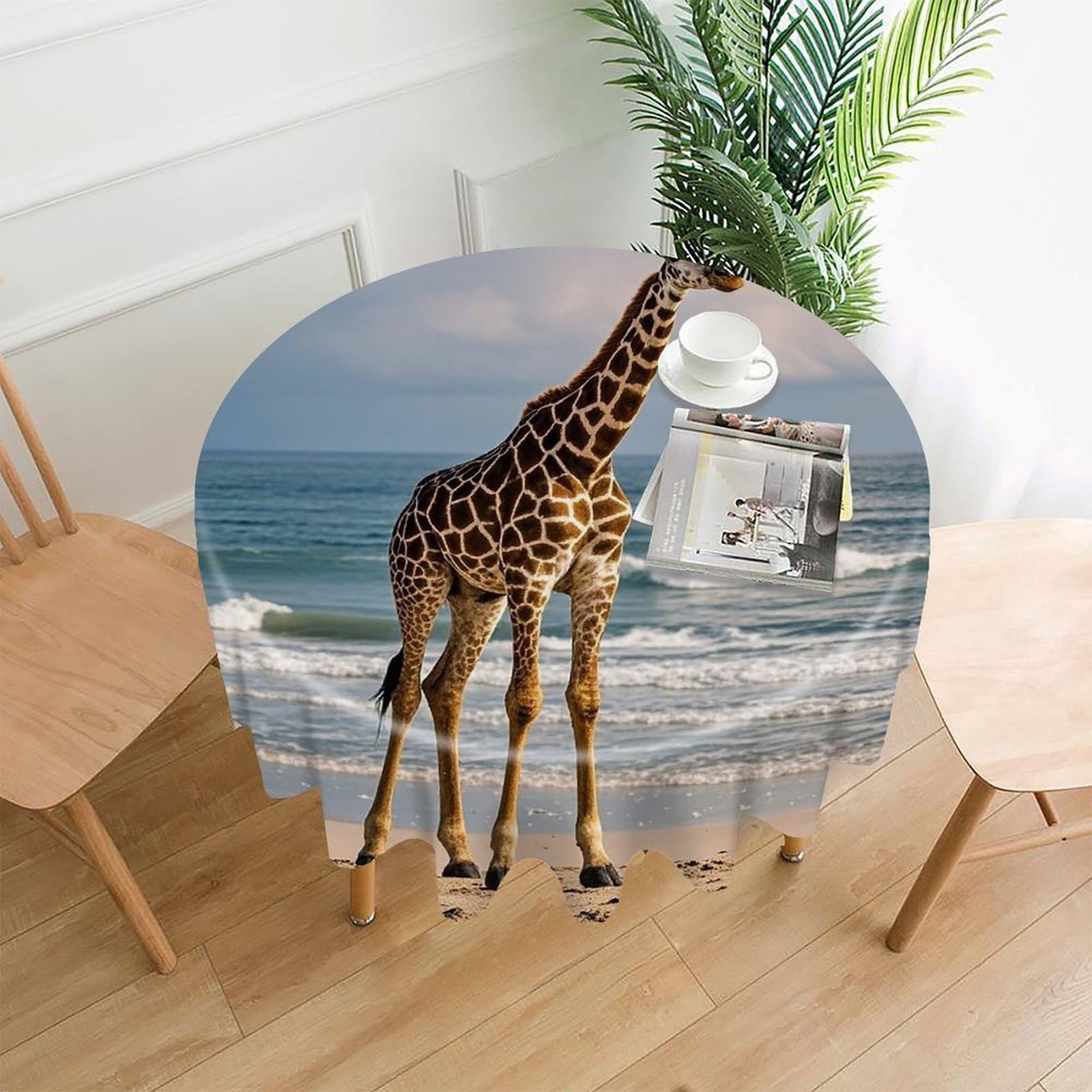 LZQPOEAS Giraffe on The Beach Tablecloth Decorative Round Table Cloth Wrinkle Resistant Round Tablecloth Washable Circle Table Cover for Kitchen Dining Party Wedding Camping 60 Inch
