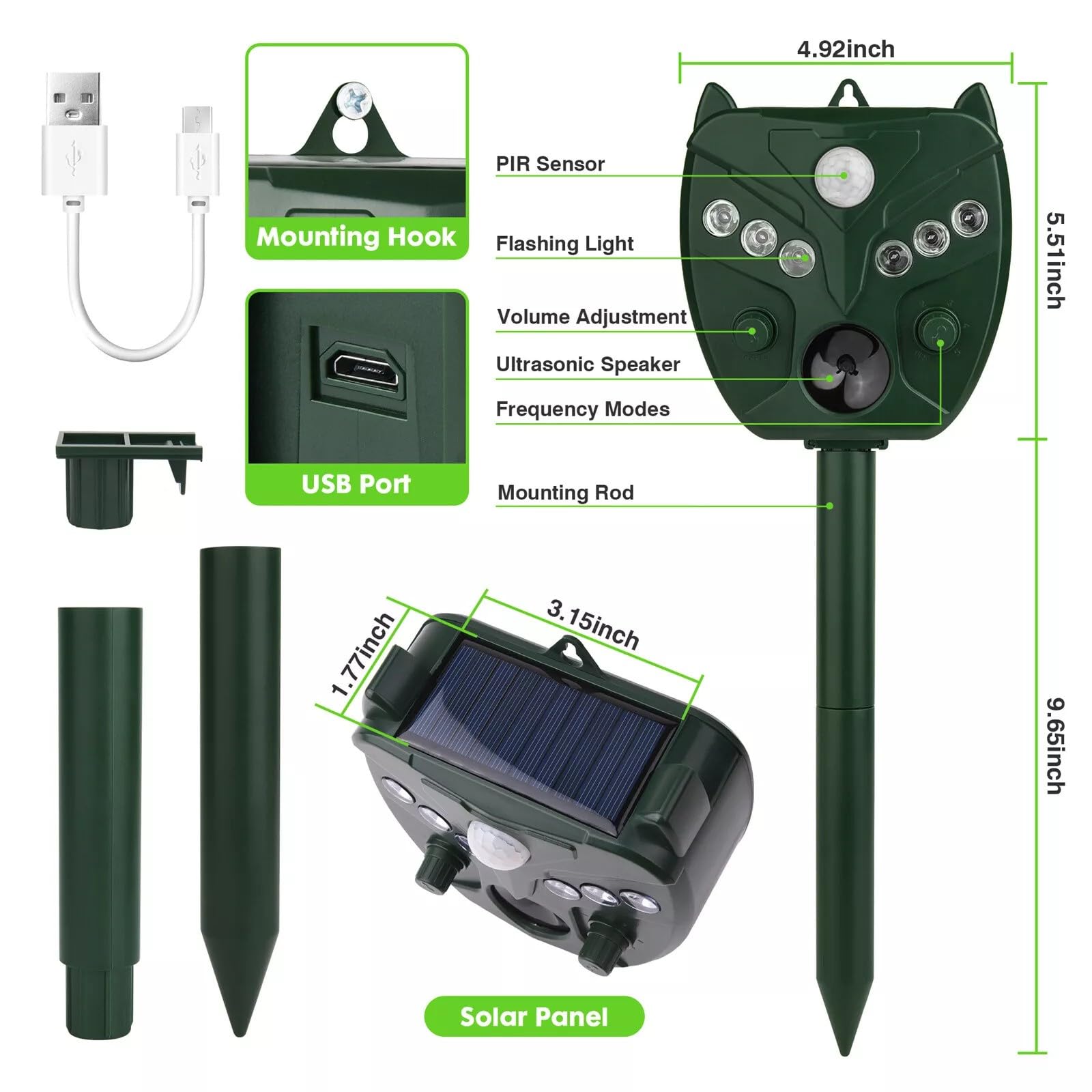 Repellente solare a ultrasuoni per cani e gatti, 5 modalità regolabili con flash LED, ricarica USB e impermeabile, per gatti, cani, uccelli e volpi (2 pezzi)