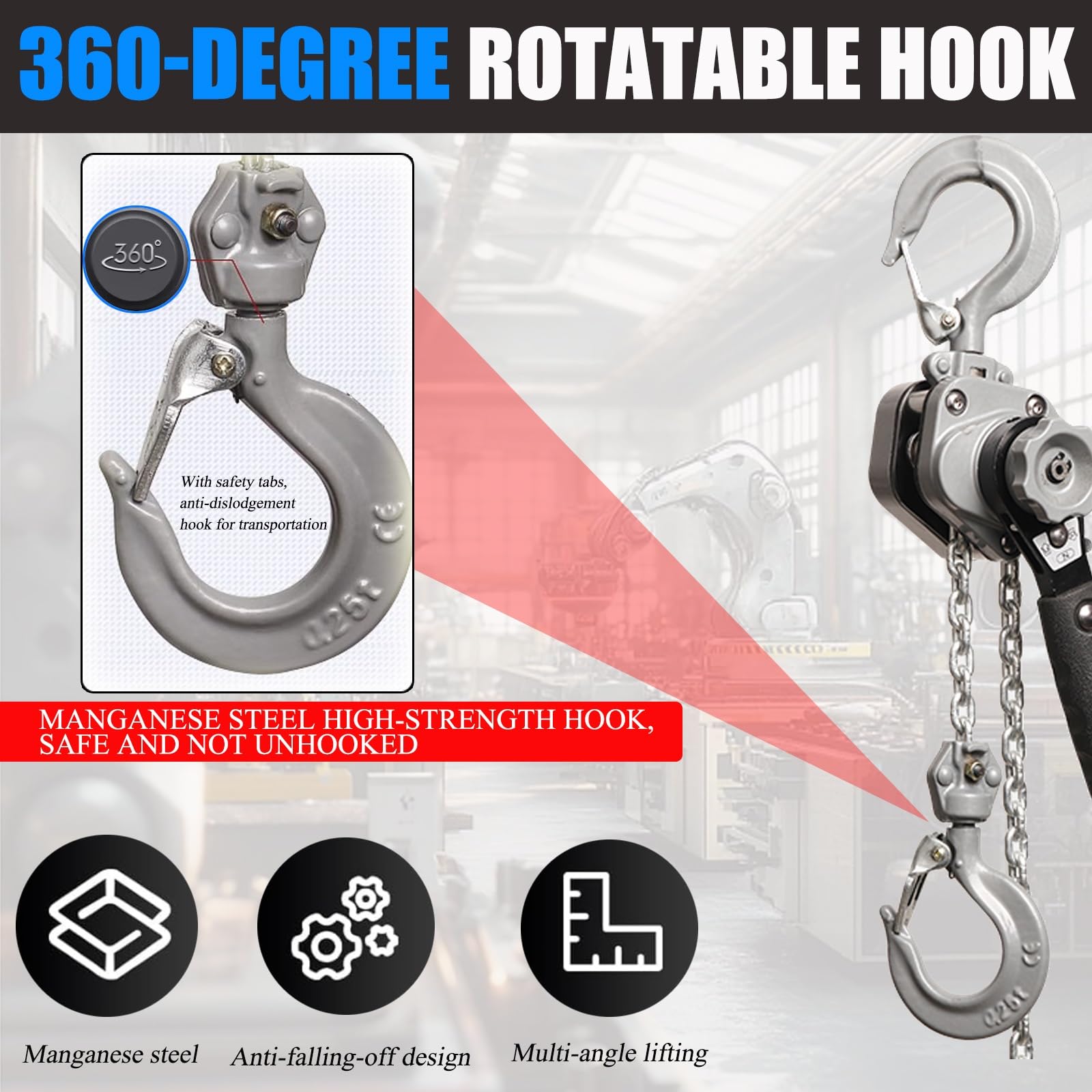 Paranco manuale a catena, leva resistente con 2 ganci e catena G80, strumento compatto per garage, magazzino e officina, funzionamento facile e design durevole
