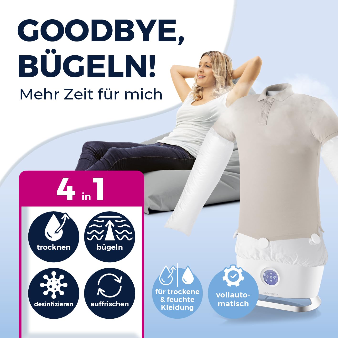 CLEANmaxx automatischer Hemdenbügler mit Dampffunktion | Innovativer Bügler für Hemden & Blusen, Bügelautomat | Schonender als Wäschetrockner und Bügeleisen, 2 Programme, Touch Display