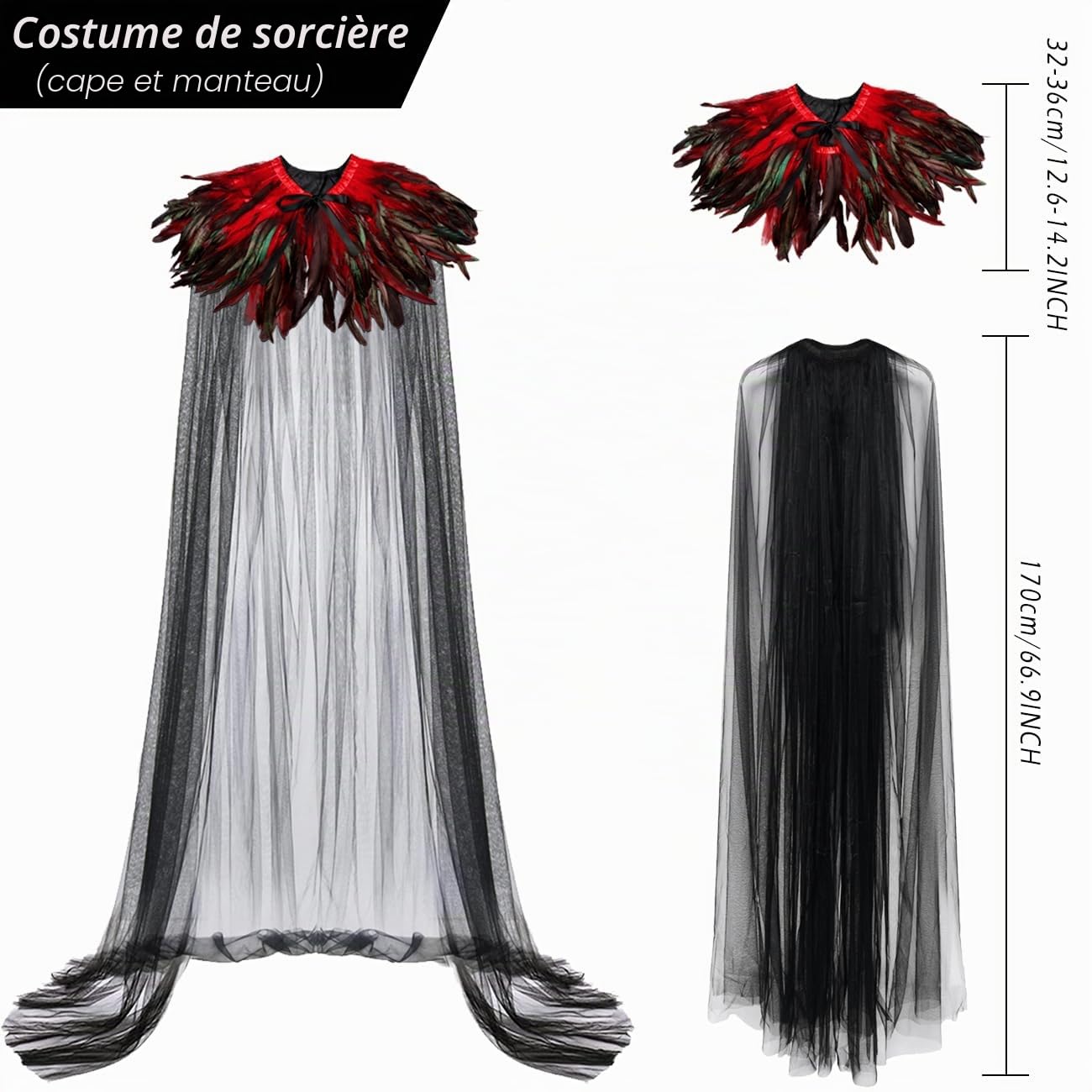 keland Cape Tulle Noir avec Châle à Col de Plumes Déguisement Maléfique Halloween (Rouge)