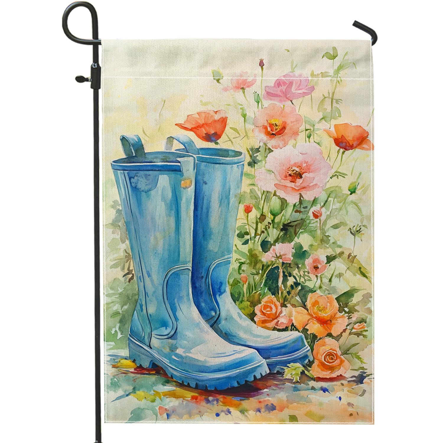 Spring Summer Garden Flag, Blue Rain Boots Floral Decor Outdoor Banner, Double Sided Burlap Yard Flag Holiday Lawn Decoration 12x18 Inch