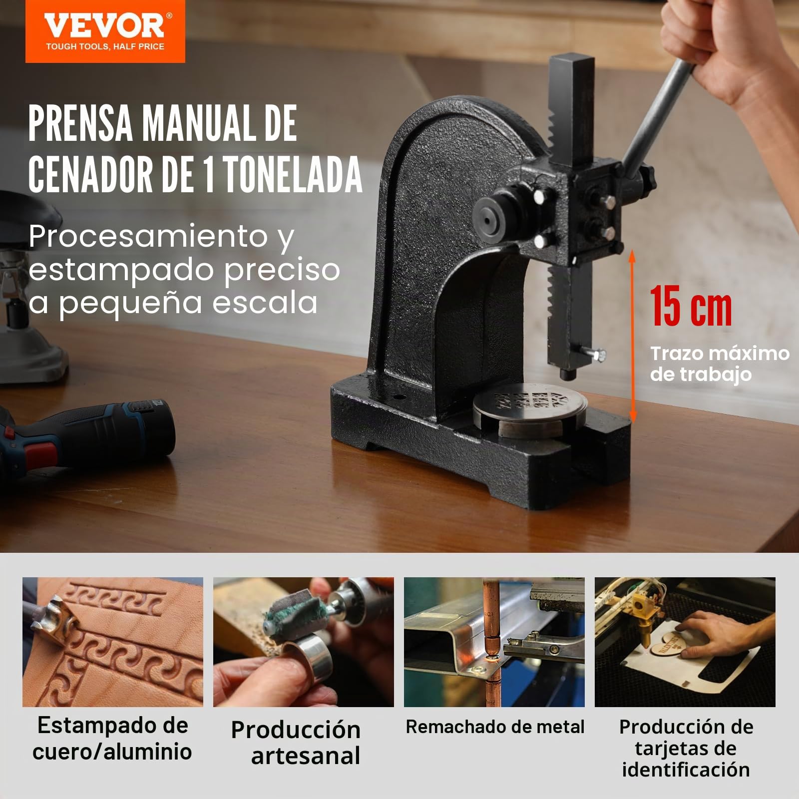 VEVOR Prensa de eje prensa de eje manual de 1 T altura máxima de 5,9" prensa de eje de escritorio manual de hierro fundido resistente prensa manual de precisión para estampar, doblar, estirar y formar