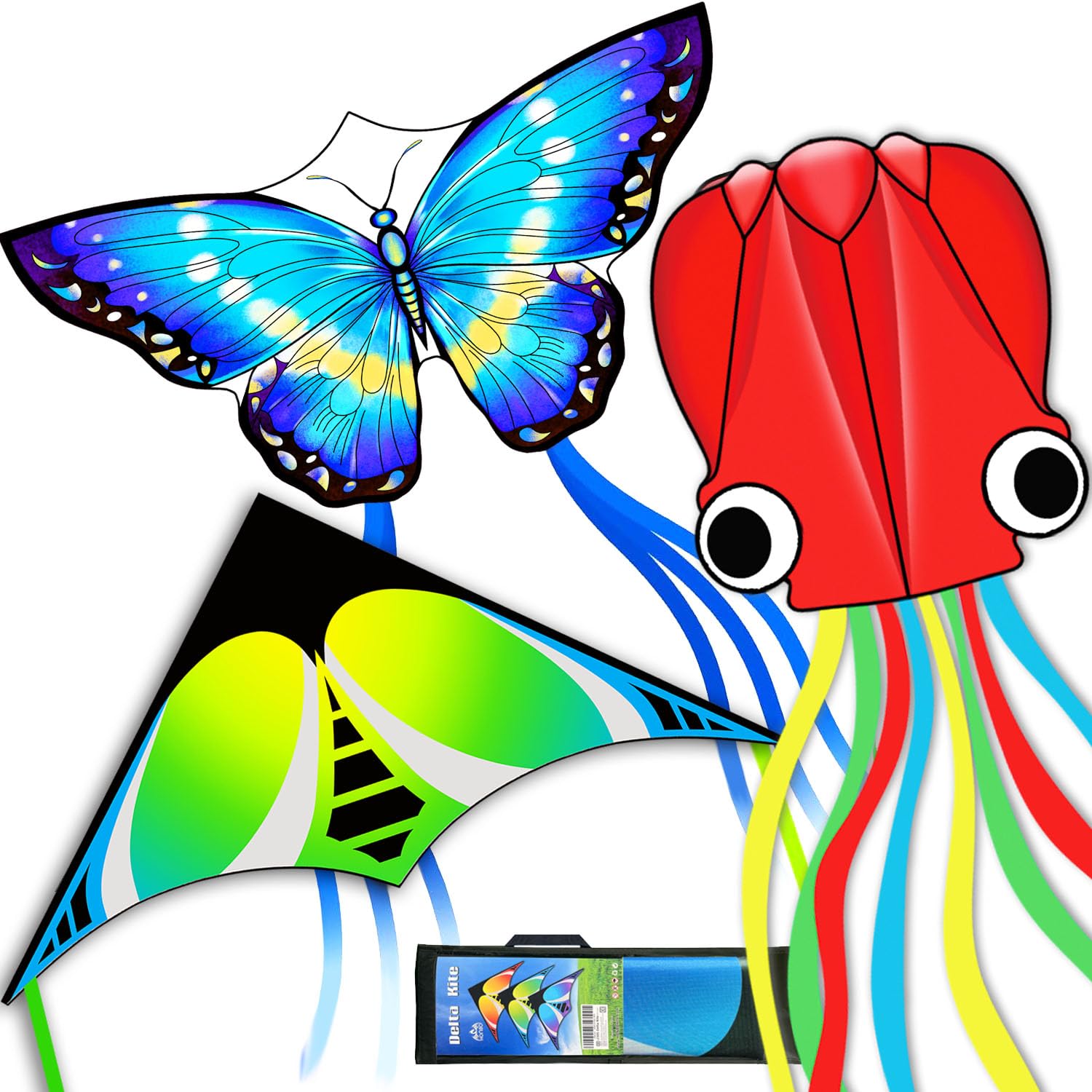 HONBO 3 Pack Kites for Kids and Adults, Easy to Fly Butterfly Octopus Kite Set for Beginners, Large Beach Kites for Family Outdoor Games & Activities (Blue Butterfly+Red Octopus+Green Delta)