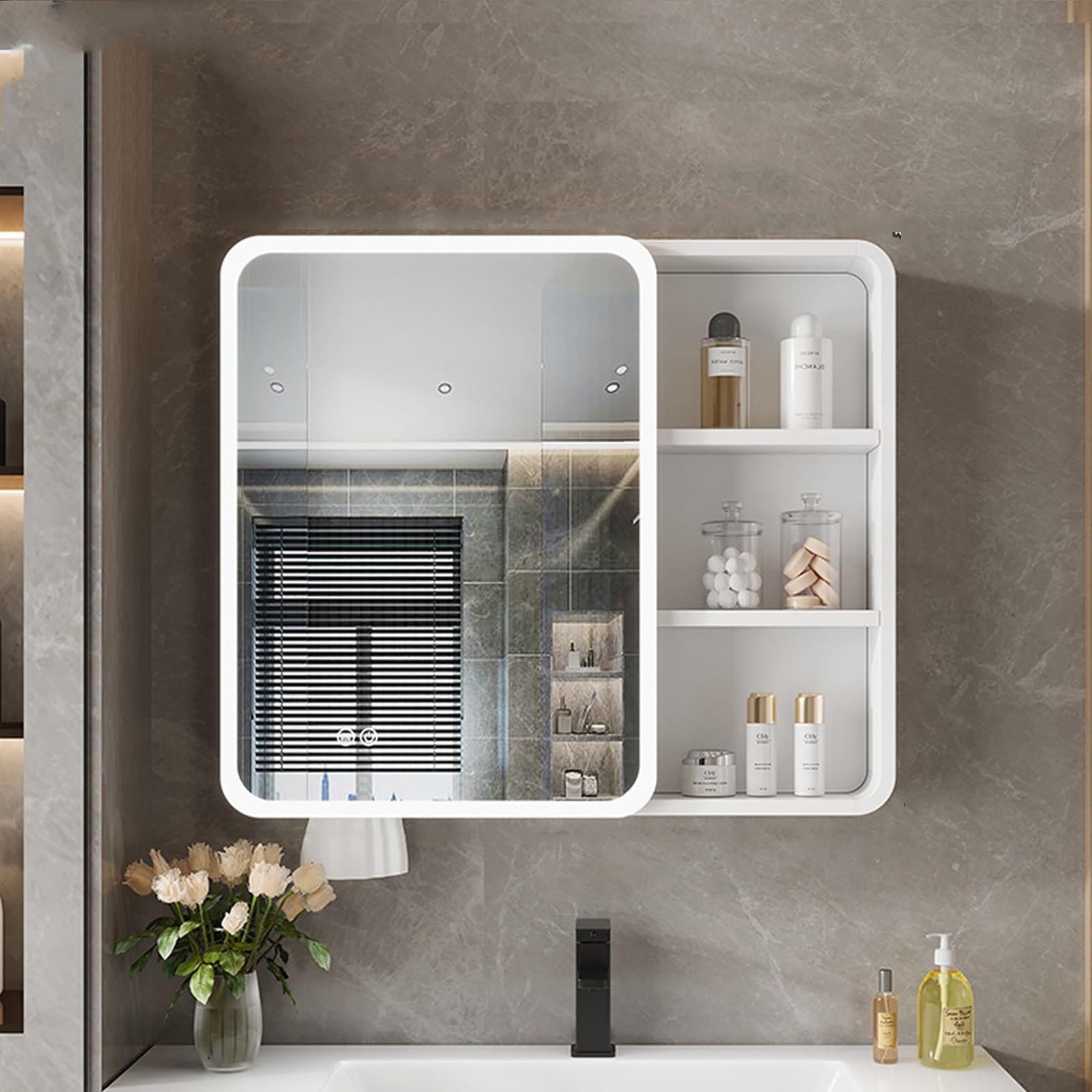 BKSXSOP Illuminated Bathroom Mirror Cabinet, Wall-Mounted Aluminum Medicine Cabinet with Smart Touch Fog Removal, Modern Design and Paper Drawing Hole for Stylish Storage