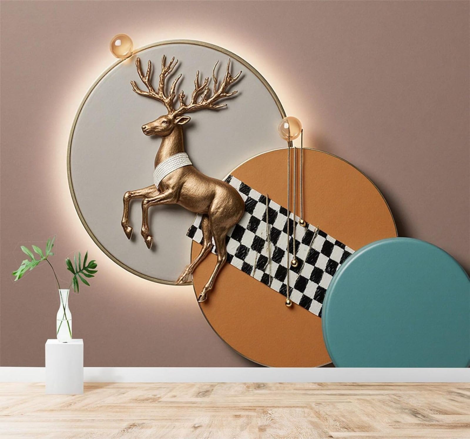 Xlming 150Cm×105Cm(B×H) Golden Deer Geometric Circles Abstract Checkered Pattern 3D Wallpaper Silky Texture Home Study Office Grey Dining Room Sofa Bedroom Living Room Tv Backdrop-150Cm×105Cm