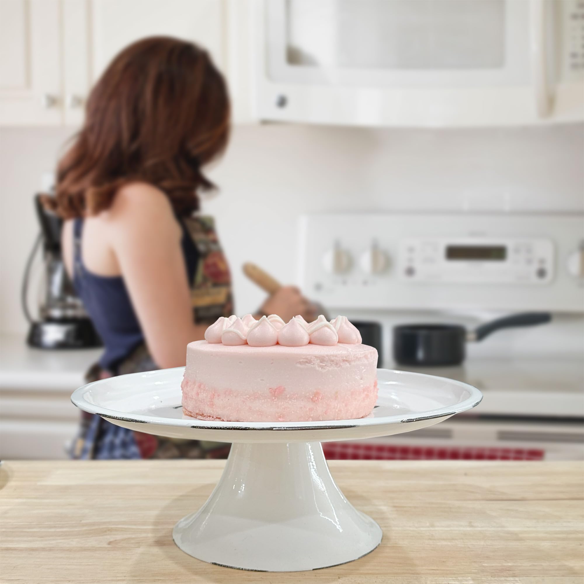 Auldhome Design Rustic White Cake Stand Farmhouse Enamelware Round