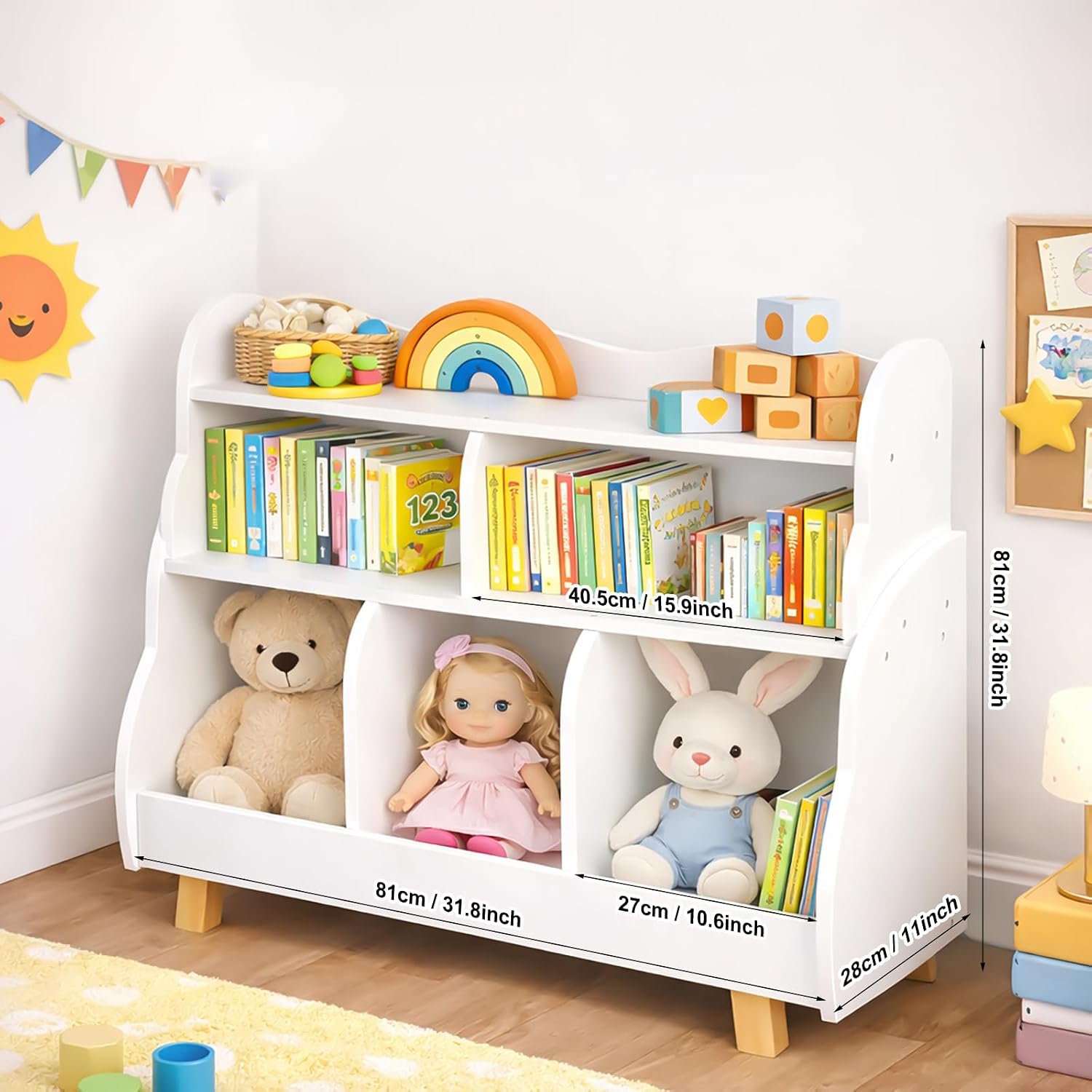 Kids Bookshelf, Children’s Bookcase & Book Storage Organizer, Montessori 3-Tier Display Shelf for Toddlers & Kids Room, Eco-Friendly Water-Based Paint, White Wooden Book Rack