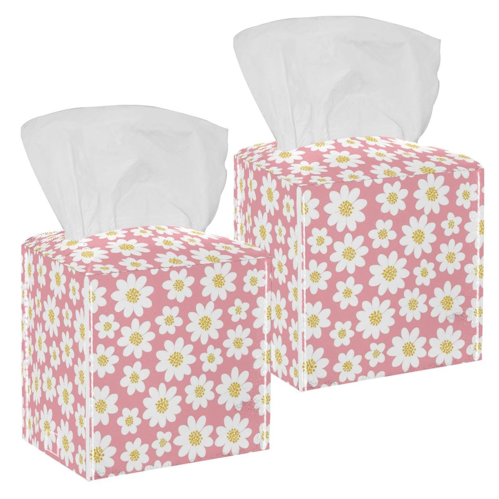 Flowers Tissue Box Cover, 2 Pack PU Leather Square Facial Tissue Dispenser Box holder for Home Office Car