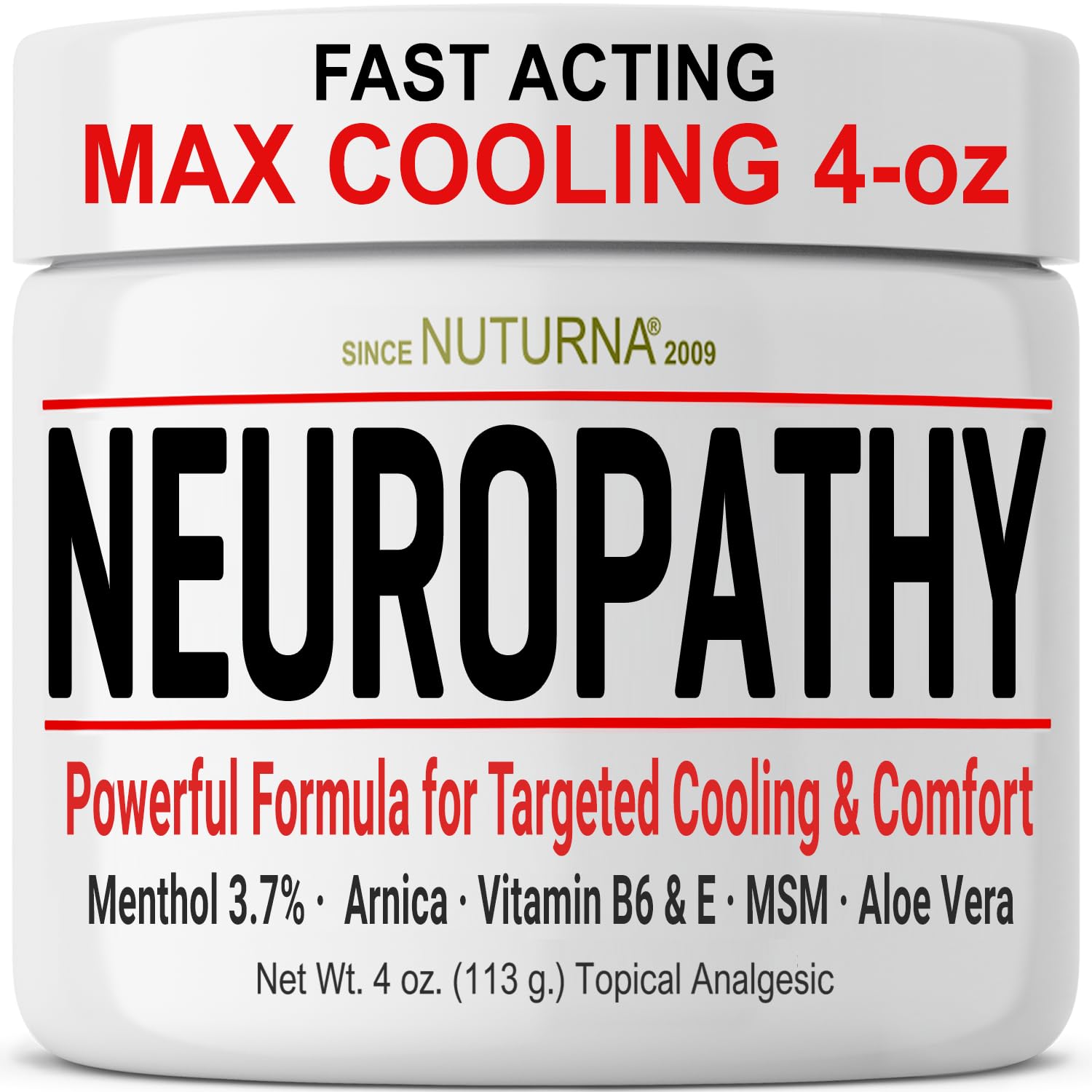 Neuropathy Nerve Cream - Fast Acting for Feet Hands Legs Toes Back - Ultra Strength Menthol Arnica Aloe Vera MSM, Soothing Natural Nerve Comfort, Paraben-Free 4 Oz