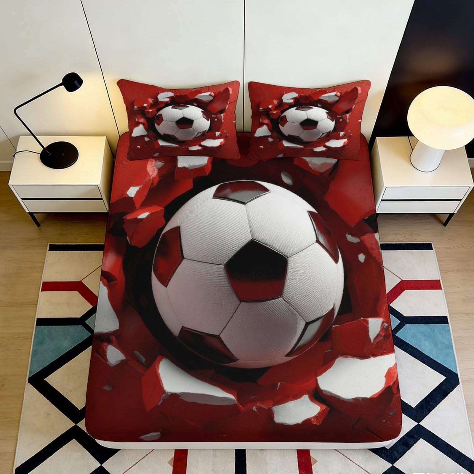 3D Printed Soccer Ball Fitted Sheet Microfiber Soft Breathable Football Mattress Cover for Bedroom Dormitory Guest Room Mattress Protection Decor 200x200x25cm