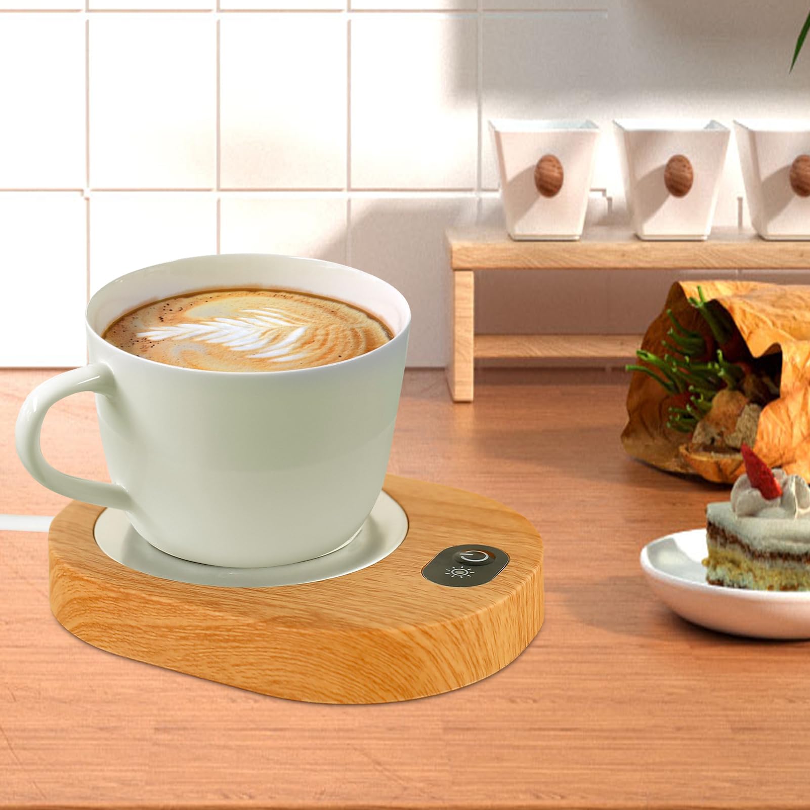 Kaffeetassenwärmer Elektrisch | Schreibtisch Tassenwärmer mit Konstanter Temperatur 55–65 °C | Wiederaufladbar, USB betrieben | Holzmaserung Design für Kaffee, Tee, Heiße Getränke Zuhause & Büro