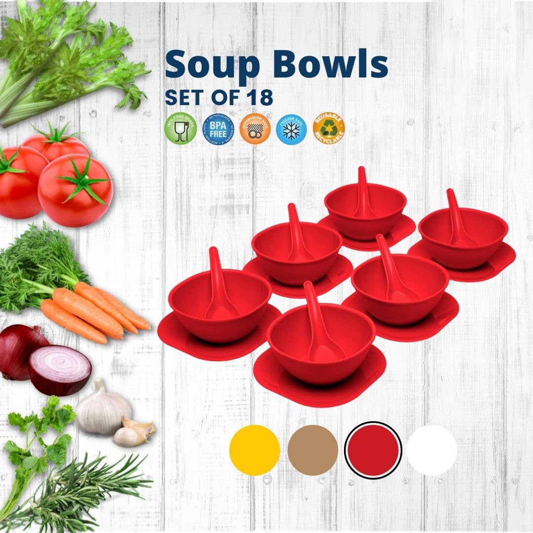 Gluman Round Shape 18 Pcs Soup Bowl Set 6 Bowl and 6 Spoon,6 Dish Microwave Safe for Home and Office Use (Red) 4