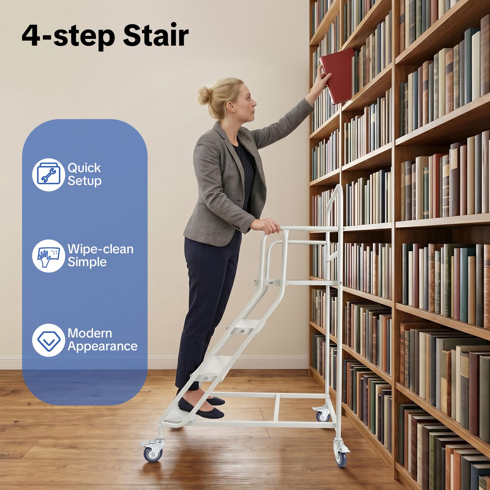 4-stufige Rolltreppe, Fahrbare Sicherheitsleiter mit Rädern & Bremsen, Kaltgewalzter Stahl, Belastbar bis 400kg