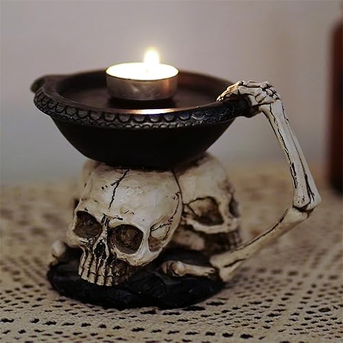 Miniatura 7 de Portavelas de Halloween, soporte de vela de escritorio de calavera de resina, decoración del hogar, regalo de fiesta (negro y blanco, 6.9 x 4.5 x