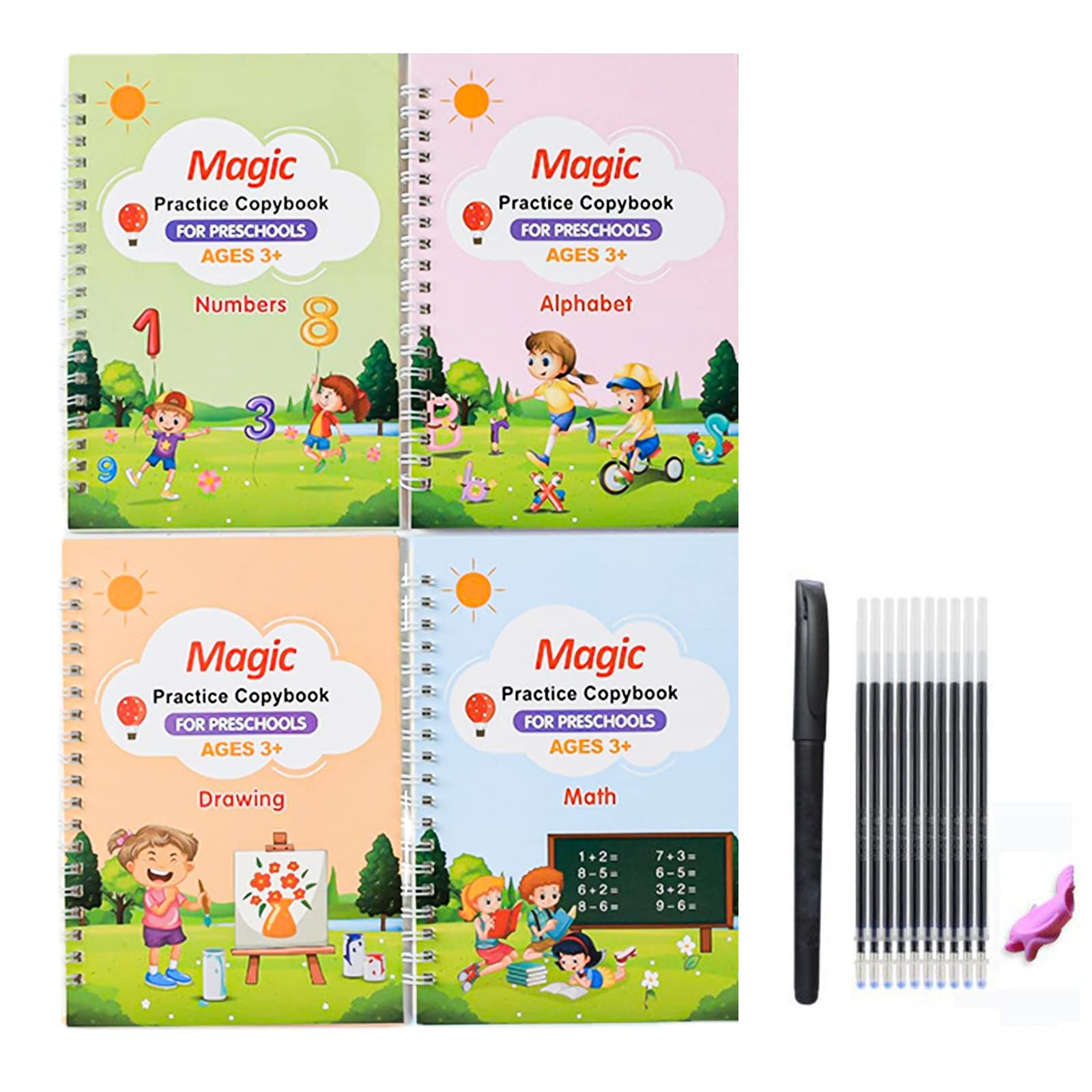 4 Pieces Magic Practice Copybook, Reusable Grooved Practice CopyBook, English Math Alphabet Drawing Tracing Handwriting Book Set for Kids, with 1 Pen 5 Refills & 1 Grips/1 Pen 10 Refills & 1 Grips (D)