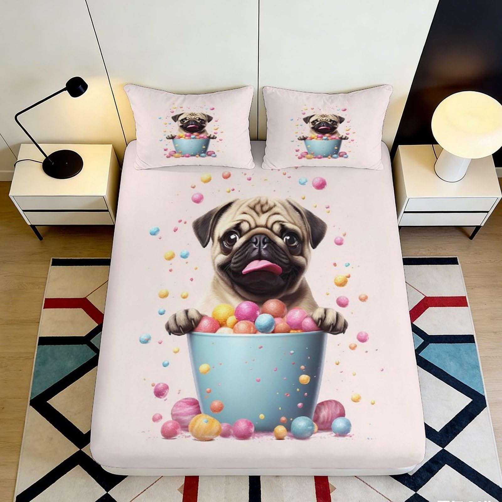 Decorative Pug Fitted Sheet Pink 3D Printed Microfiber Soft Touch, Wrinkle Resistant, Home Bedroom Bed Cover for Apartment Bedding, Easy to Remove 180x200x25cm