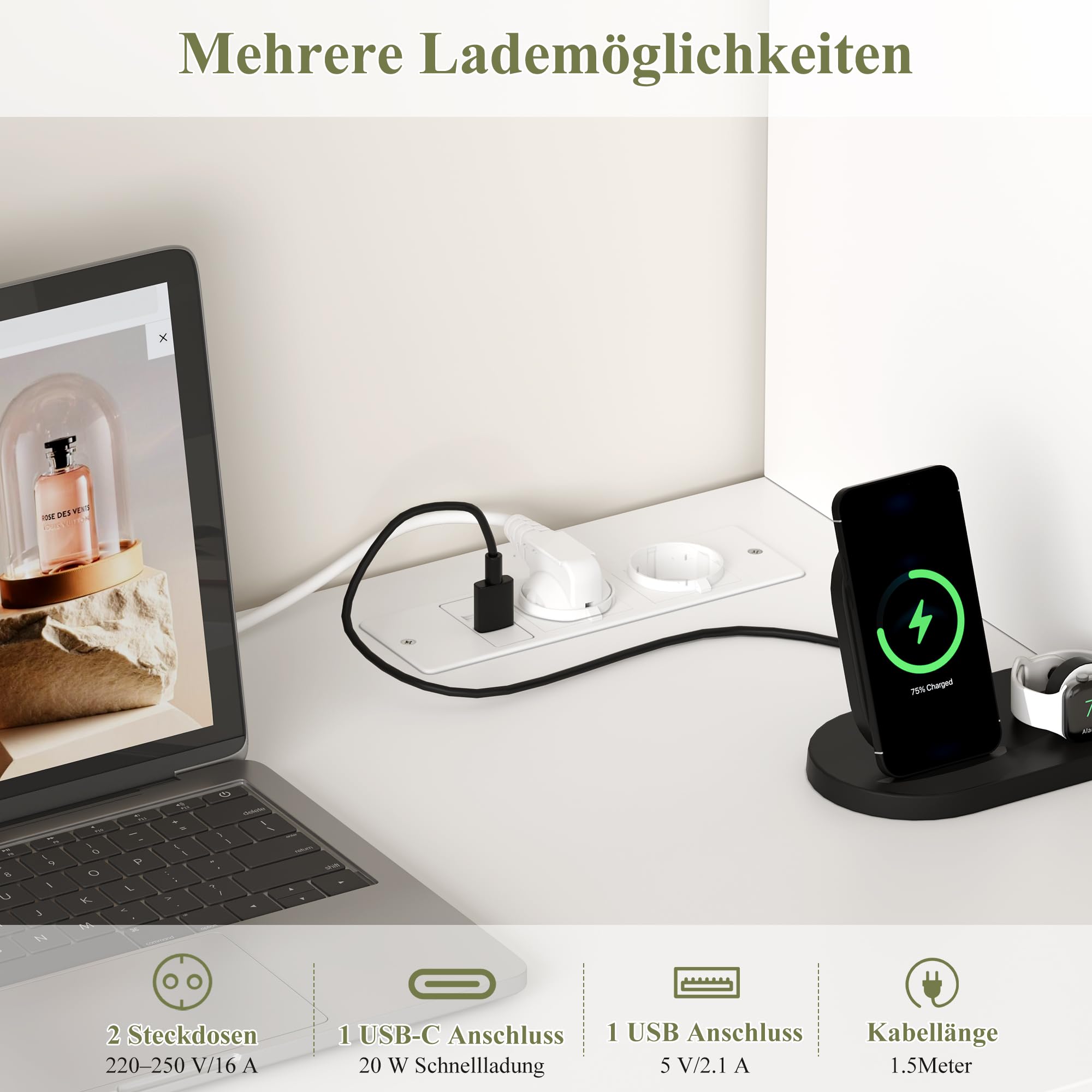 FirFurd Eckschreibtisch mit Steckdosenleiste, Schreibtisch L Form, weiß | Schreibtisch mit Stauraum, Computertisch mit Bücherregal, Eckschreibtisch für Homeoffice, Büro, Arbeitszimmer, 153x125x108cm