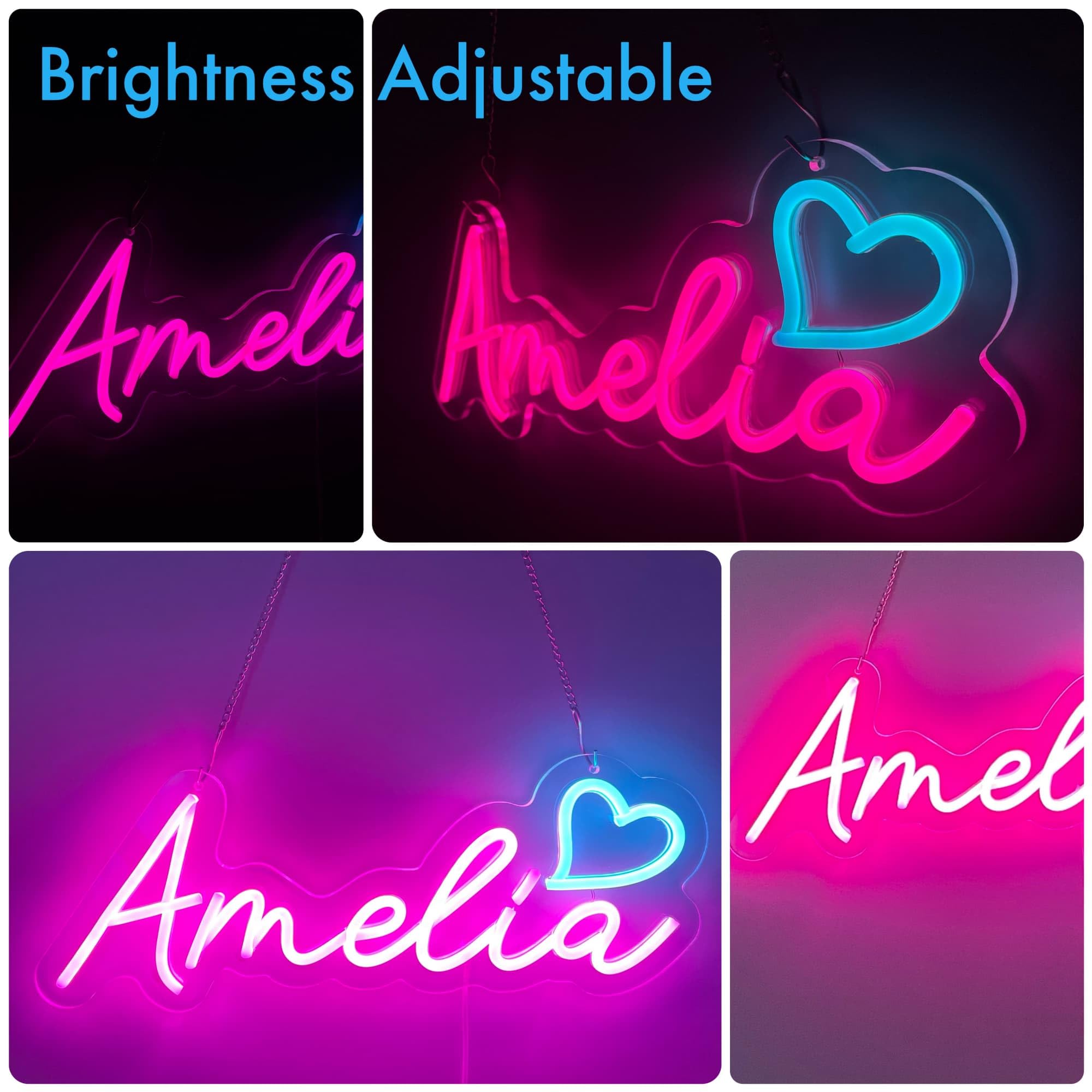 Amelia neonowa tabliczka z imieniem, neonowa lampka Amelia, lampka nocna LED, do sypialni, dekoracja ścienna w akademiku i prezenty, regulowana jasność, zasilanie przez USB (Amelia - różowa)