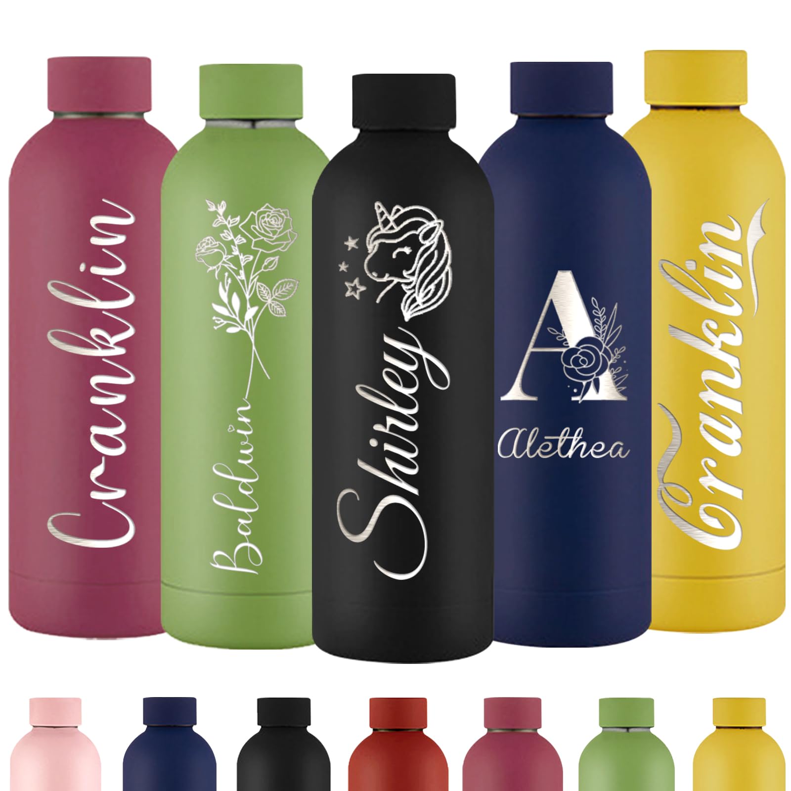 Xihedfd Personalised Water Bottles Custom Engraved Water Bottle with Name Customised Insulated Stainless Steels 500ml Water Bottle for School Office Sport