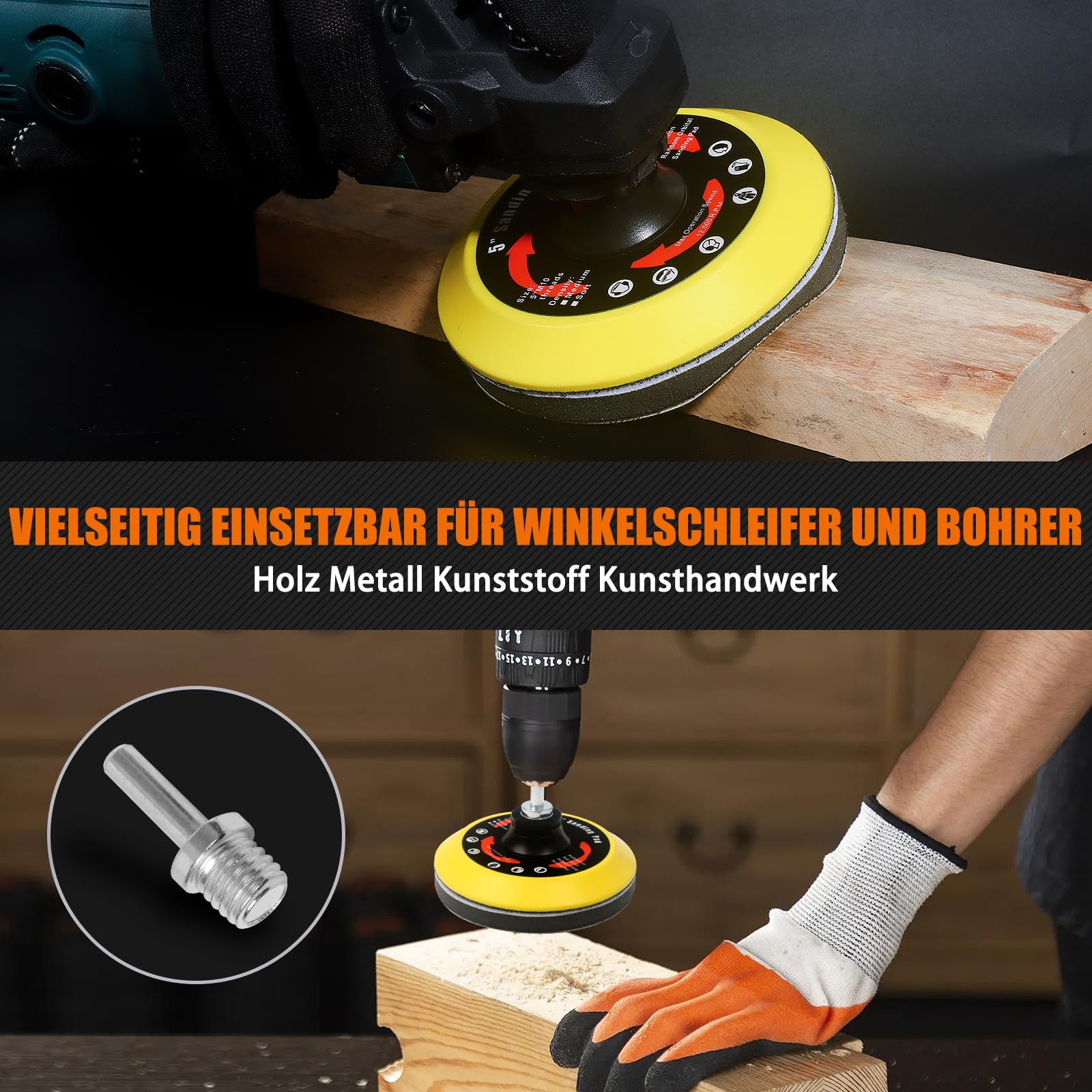 Pomsare Schleifscheiben-Set 125mm Klett für Winkelschleifer - 80 Stück Schleifpapier mit M14 Schleifteller und Schaft - Winkelschleifer Zubehör für Holz und Metall - Verbesserte Version