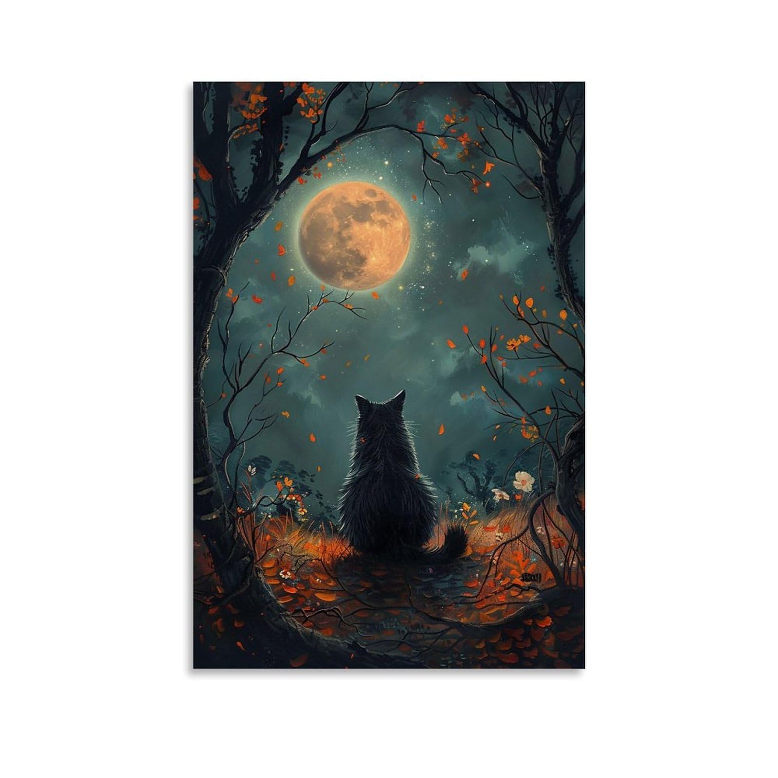 HUERYRYHY Black Cat Under Orange Full Moon 01 Poster Wall Art Canvas Vintage Aesthetic Painting Decor for Rooms 24x36inch Unframe-style