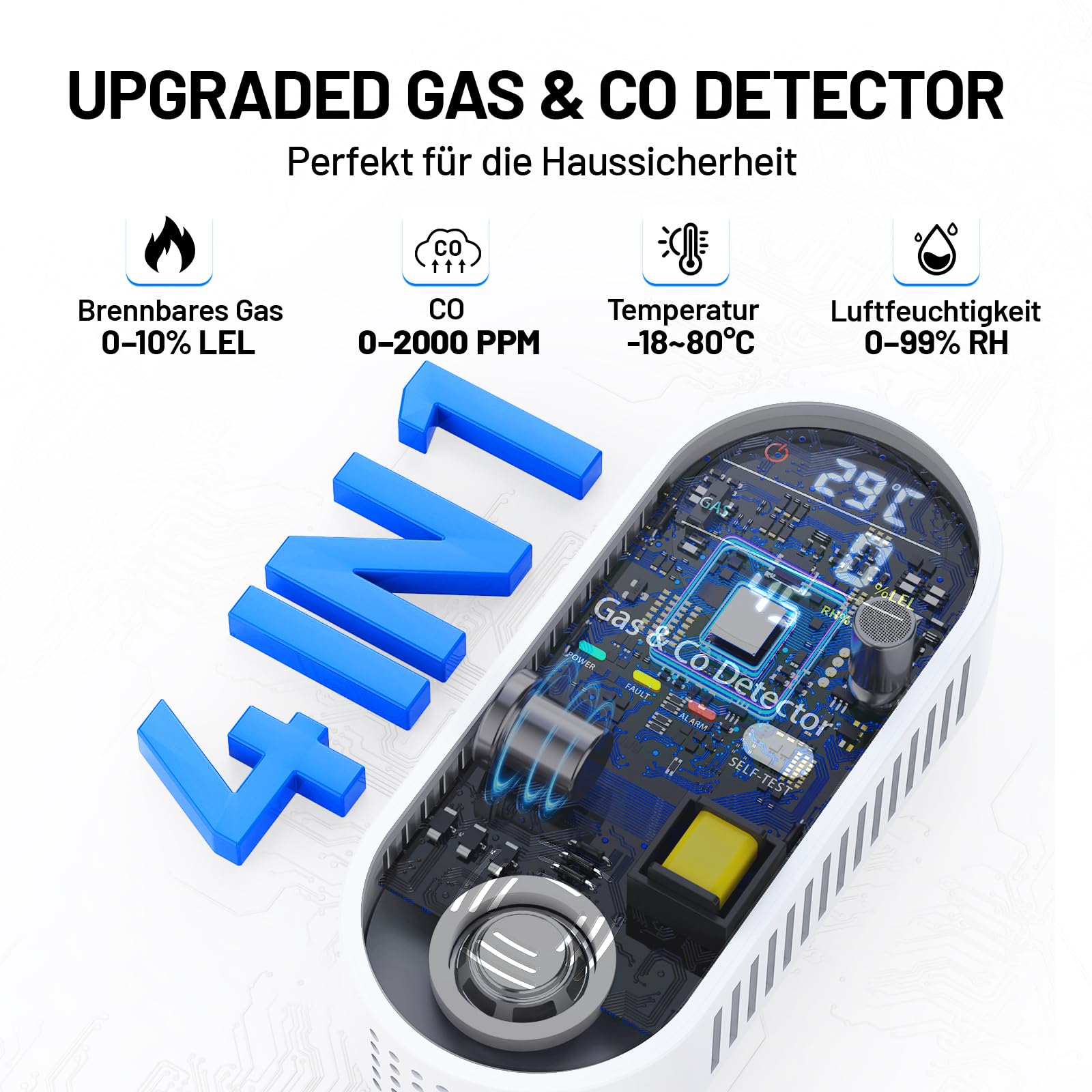 Kohlenmonoxid Melder & Gasmelder 4-in-1 – CO Melder mit Temperatur- & Feuchtigkeitssensor, akustischer & visueller Alarm, Plug & Play – Für Zuhause, Garage und Werkstatt – YOJOCK
