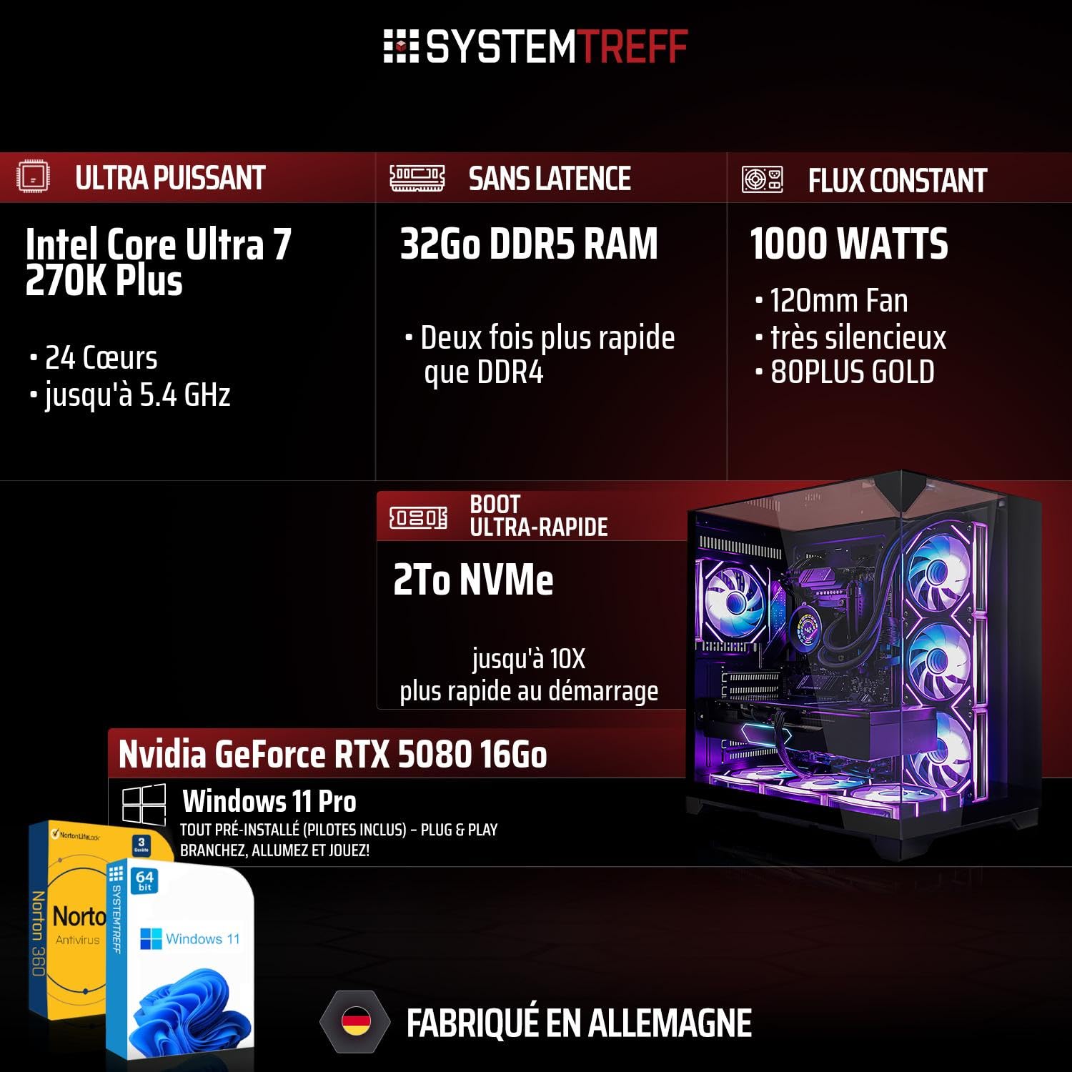 SYSTEMTREFF PC Gamer High-End - Intel Core Ultra 7 270K Plus - RTX 5080