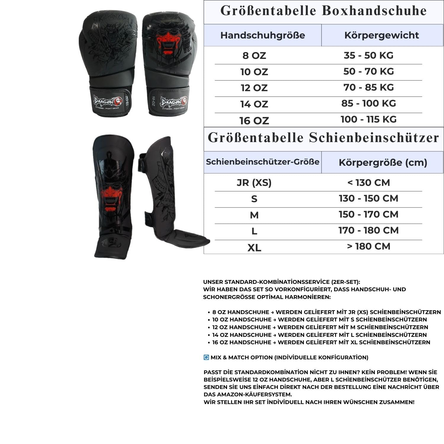 Dragon do Boxen Kickboxen Set Boxhandschuhe 8-16 oz Schienbeinschoner Profi Ausrüstung für Muay Thai MMA Boxsack-Training Sparring Kampfsport