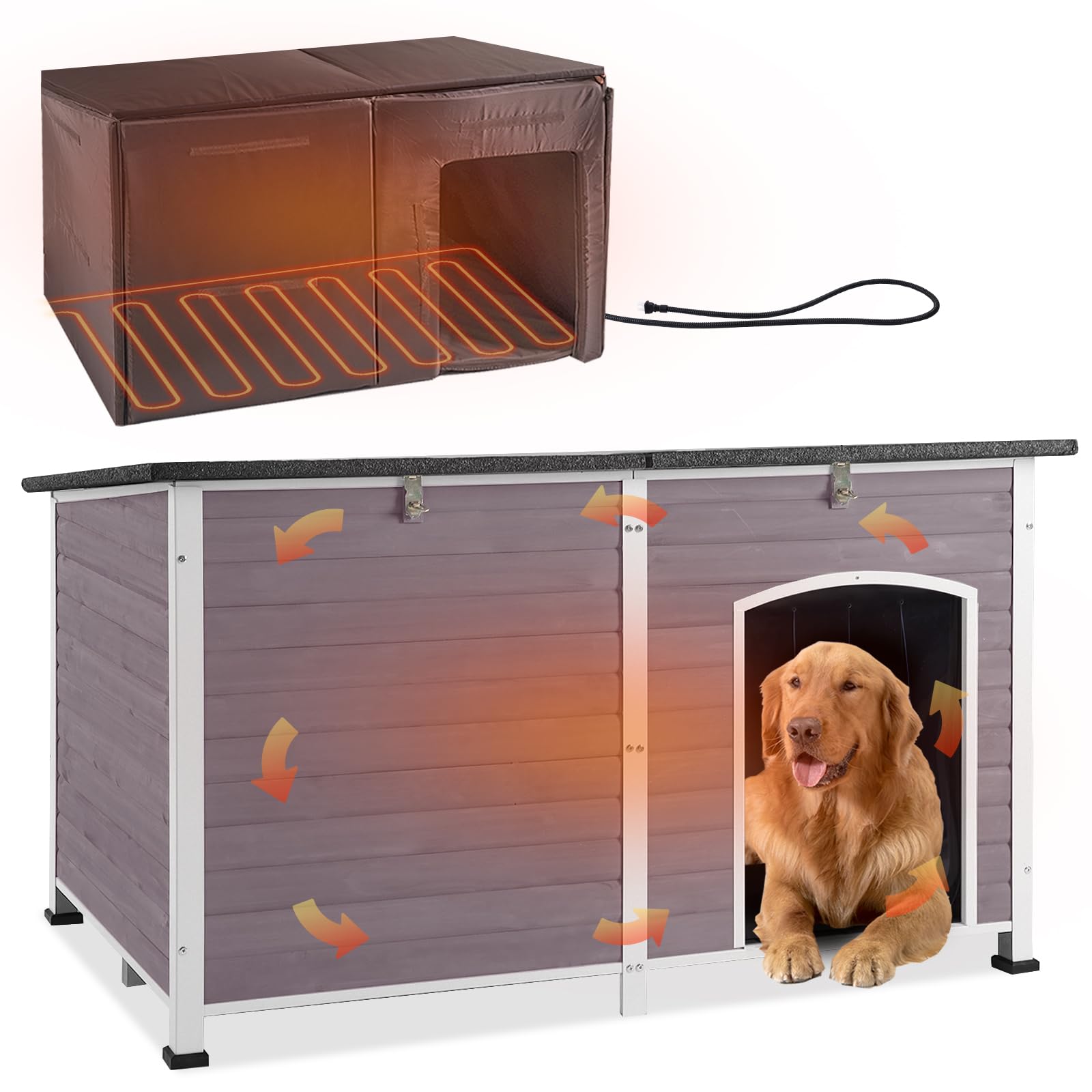 GUTINNEEN Heated Dog House Outdoor 59.1" Exra Large Dog Kennel with Metal Frame Insulated Dog Crate Cage for Large Dogs Outside with Heater and