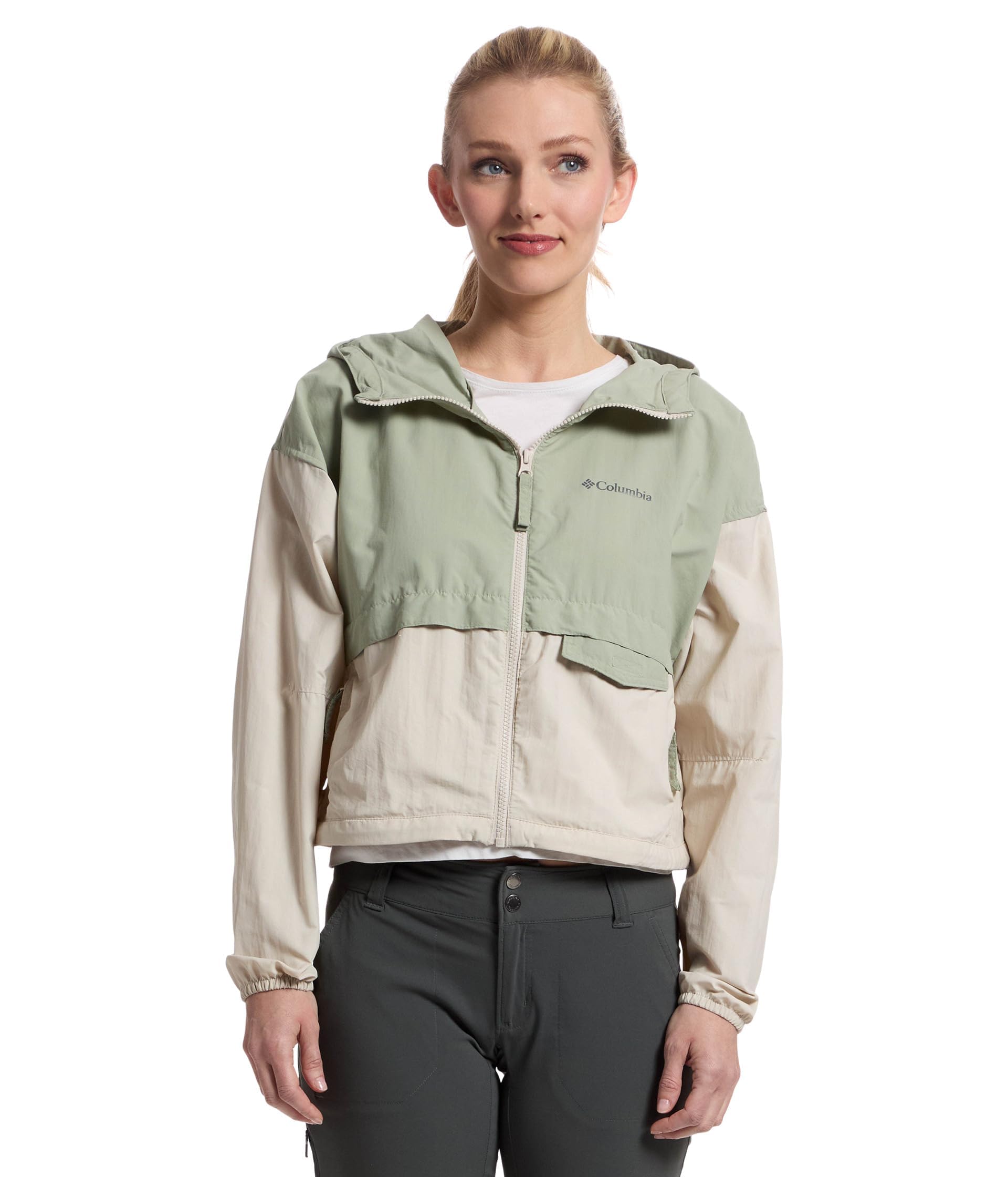 Columbia Womens, Spire Valley™ Cropped Windbreaker, Safari/Dark Stone, Large