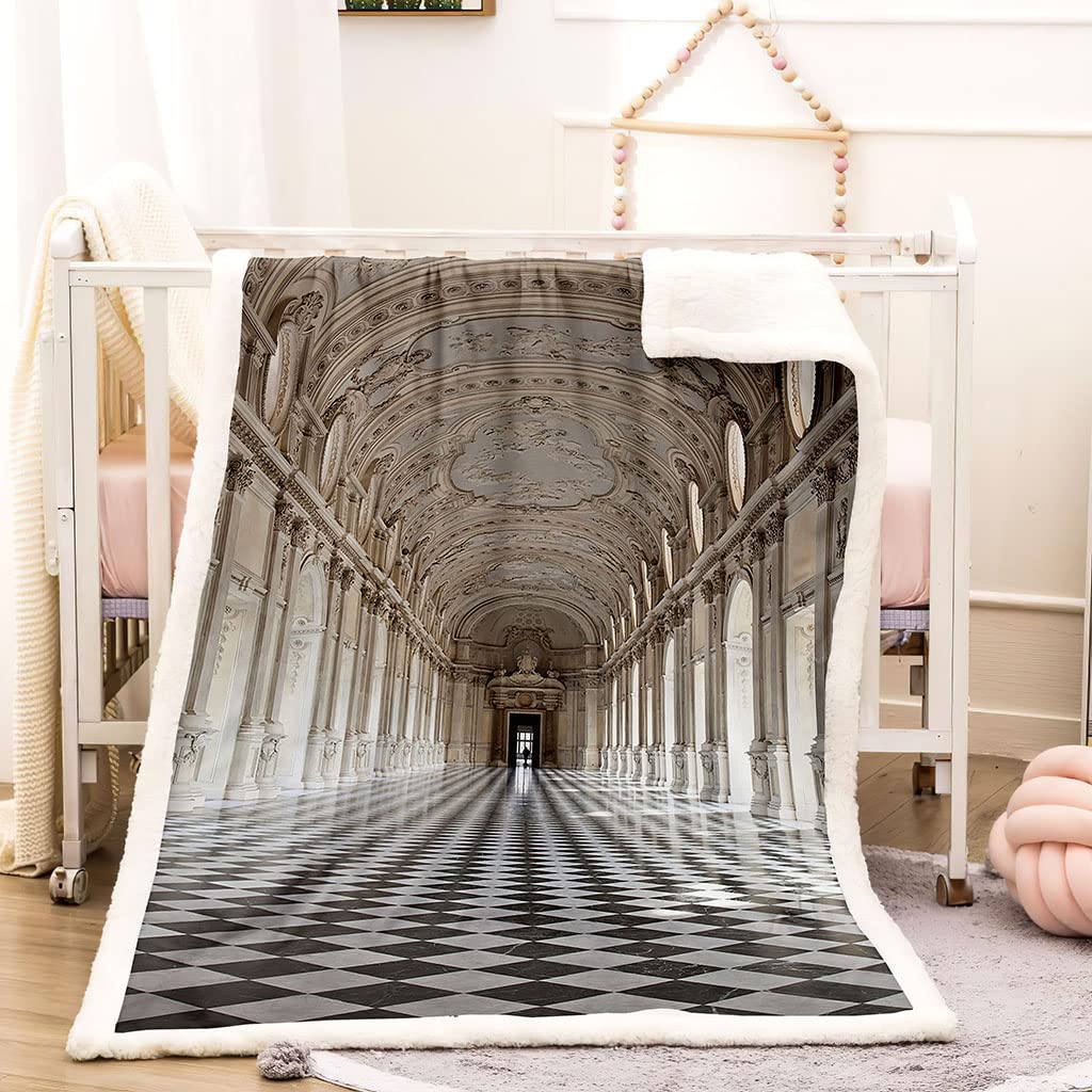 Coperta In Pile Di Pelliccia Sintetica Per Divano E Letto, Edificio A Corridoio In Stile Europeo Stampata Coperta Matrimoniale Invernale Di Flanella 180X200Cm Morbida, Calda E Accogliente, F